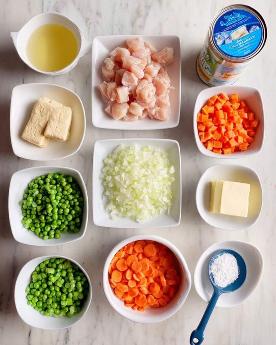 The image shows nine small white bowls and plates with different ingredients arranged neatly on a white marbled surface. In the top row, there is a small white bowl with a light yellow liquid, a white square plate filled with raw, diced light pink chicken, and a white can of biscuits with a blue lid standing upright. The second row has a white bowl filled with bright green peas, a square white bowl with chopped orange carrots, and a small white bowl with light yellow butter. The bottom row has a white square bowl with chopped green celery, a white square bowl with chopped white onions, a small white bowl holding minced garlic, and to the far right, a blue spoon filled with a white powder placed on the surface. All items are carefully placed and well-lit, photo taken with an iphone --ar 4:5 --v 7