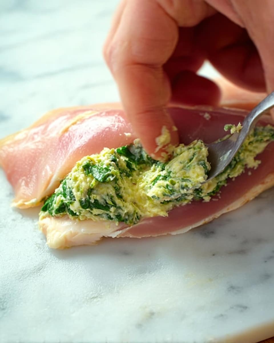 A close-up image shows a woman's hand lifting a thin piece of raw light pink meat on a white marbled surface, revealing a middle layer of green spinach and pale yellow cheese mixture with a creamy texture being spread inside with a silver spoon. The meat looks smooth and fresh, while the filling looks soft and slightly chunky with leafy bits. Photo taken with an iphone --ar 4:5 --v 7