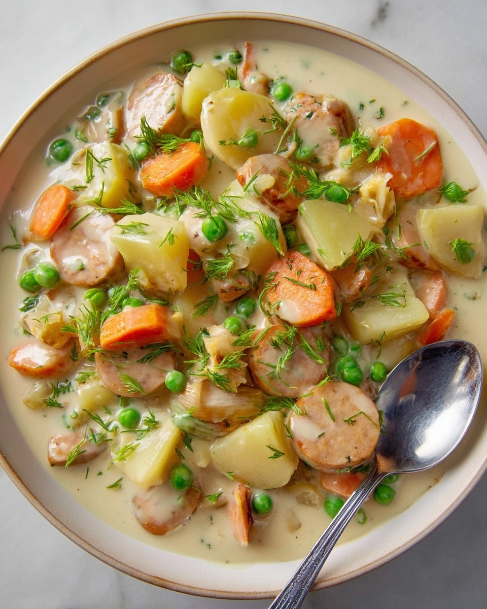 The image shows a creamy stew in a white plate on a white marbled surface, with a silver spoon resting in the stew near the bottom right. The stew has three main layers of ingredients: light tan sausage slices with a smooth texture, bright orange carrot slices with a soft look, and pale yellow potato cubes with a slightly grainy texture. Bright green peas and chopped green herbs are sprinkled on top, adding small pops of color. The creamy white sauce surrounds all the ingredients, giving a thick and smooth appearance. The dish looks warm and hearty, with the herbs lightly scattered for a fresh touch photo taken with an iphone --ar 4:5 --v 7