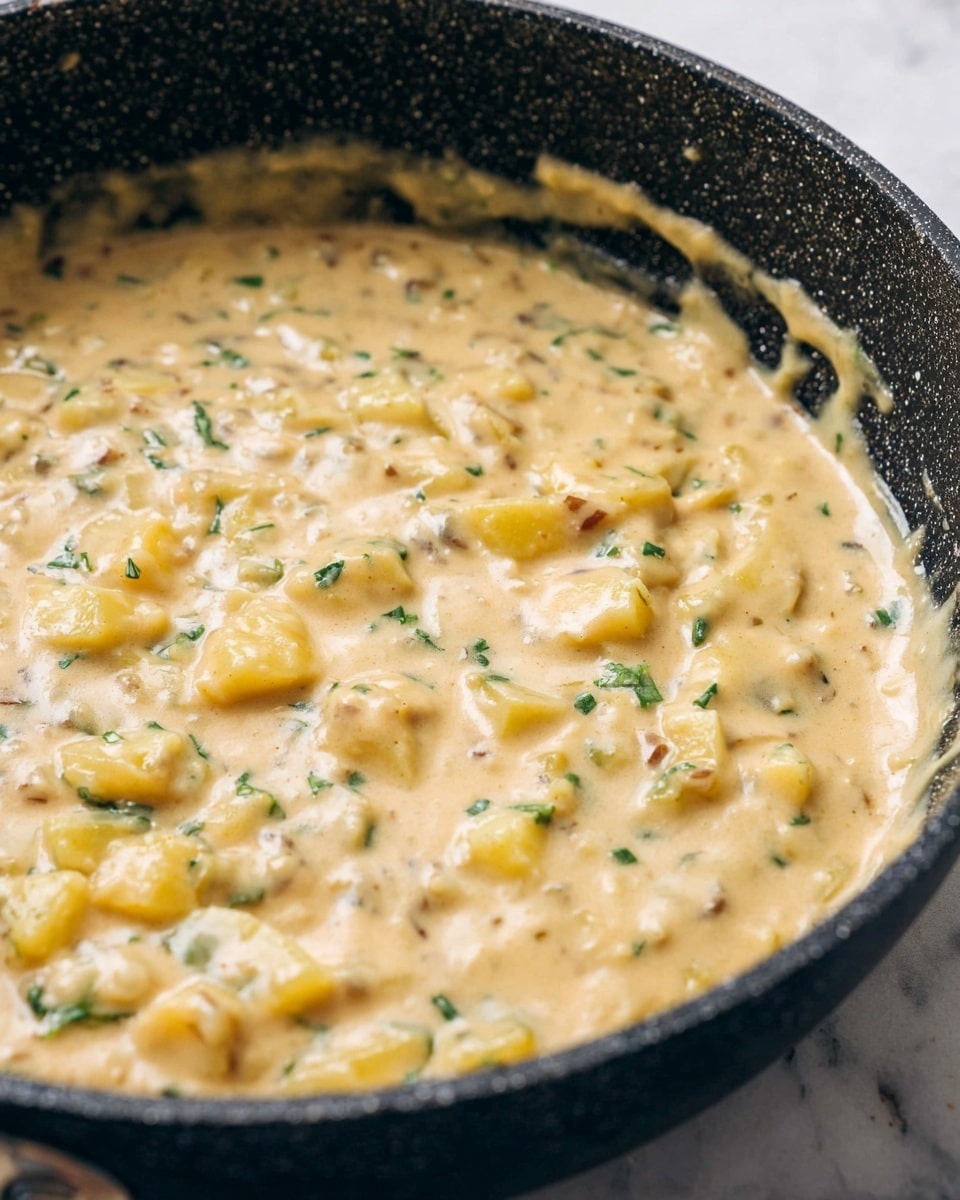 A close-up view of a thick, creamy mixture inside a black speckled pan, filled with small pieces of yellowish potatoes and green herbs scattered throughout the pale, smooth sauce. The sauce has a slightly shiny, rich texture, with bits of potato, small chunks, and flecks of herbs clearly visible. The pan sits on a white marbled surface, and some sauce is spread thinly along the pan's inner edges. photo taken with an iphone --ar 4:5 --v 7