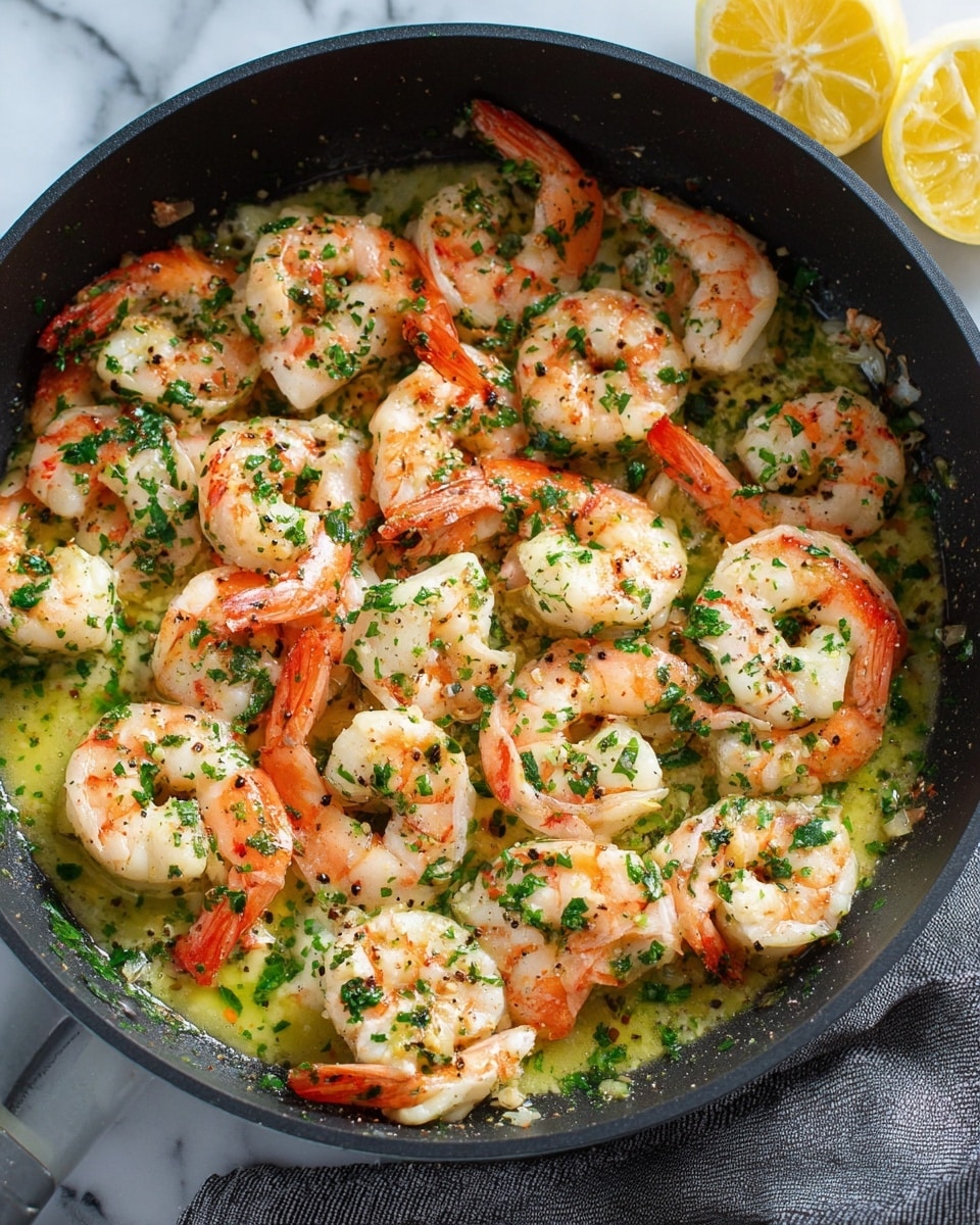 The image shows a black pan full of cooked shrimp with tails on, arranged in one even layer. The shrimp are pinkish-orange with white flesh and sprinkled with chopped green herbs. The shrimp sit in a yellowish-green buttery sauce dotted with small black pepper pieces. Small bits of garlic and finely chopped greens are visible in the sauce. In the top right corner, there are two lemon halves placed on a white marbled surface. The pan rests on the same white marbled surface, with part of a gray cloth visible at the bottom right edge of the image. photo taken with an iphone --ar 4:5 --v 7