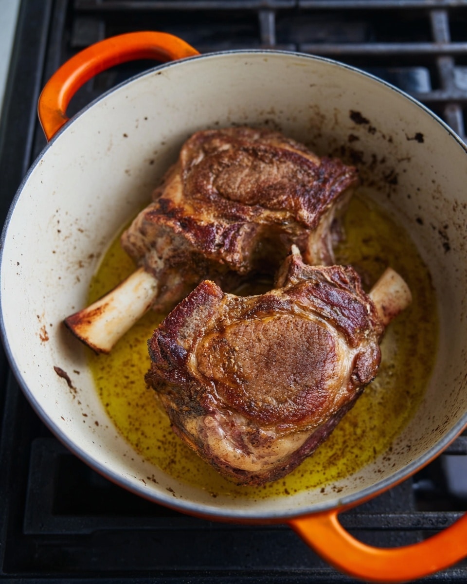 In a white pot with orange handles, two large brown meat pieces with bone ends sticking out are cooking in a small pool of yellow oil at the bottom. The meat has a browned, seared look with some darker, crisp areas on top, resting closely side by side. The pot is sitting on a black stove grate, and the inside of the pot shows slight oil splashes and small browned spots. The scene is bright and detailed. Photo taken with an iphone --ar 4:5 --v 7