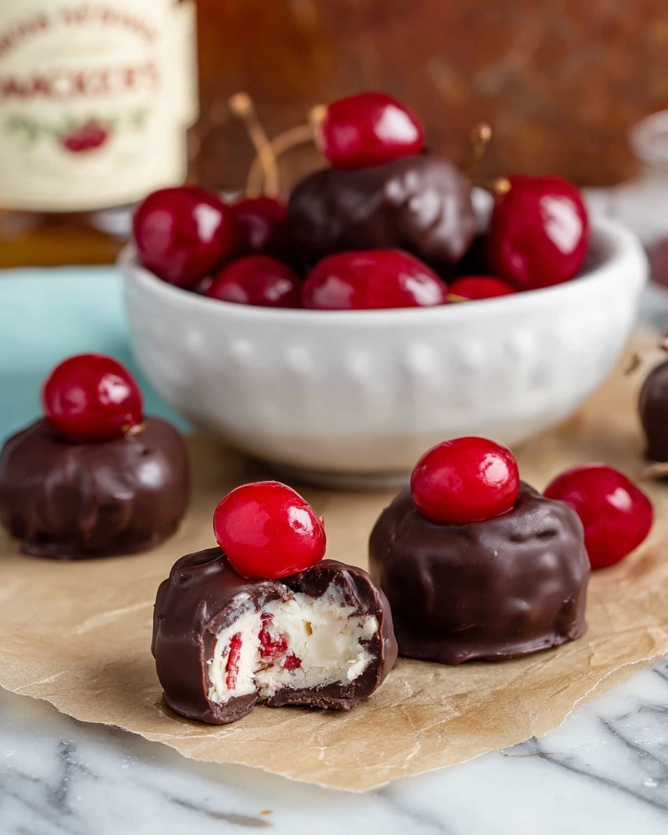The image shows small round treats with three layers: a creamy white inside mixed with red bits, covered by a smooth dark brown chocolate layer, and topped with a bright red cherry half. One treat in the front has a bite taken out, revealing the creamy inside and the chocolate coating. Behind the treats is a white bowl filled with whole bright red cherries with stems. The treats and bowl sit on light brown parchment paper placed on a white marbled surface. The background is softly blurred with warm tones and a bottle with a beige label partly visible. photo taken with an iphone --ar 4:5 --v 7