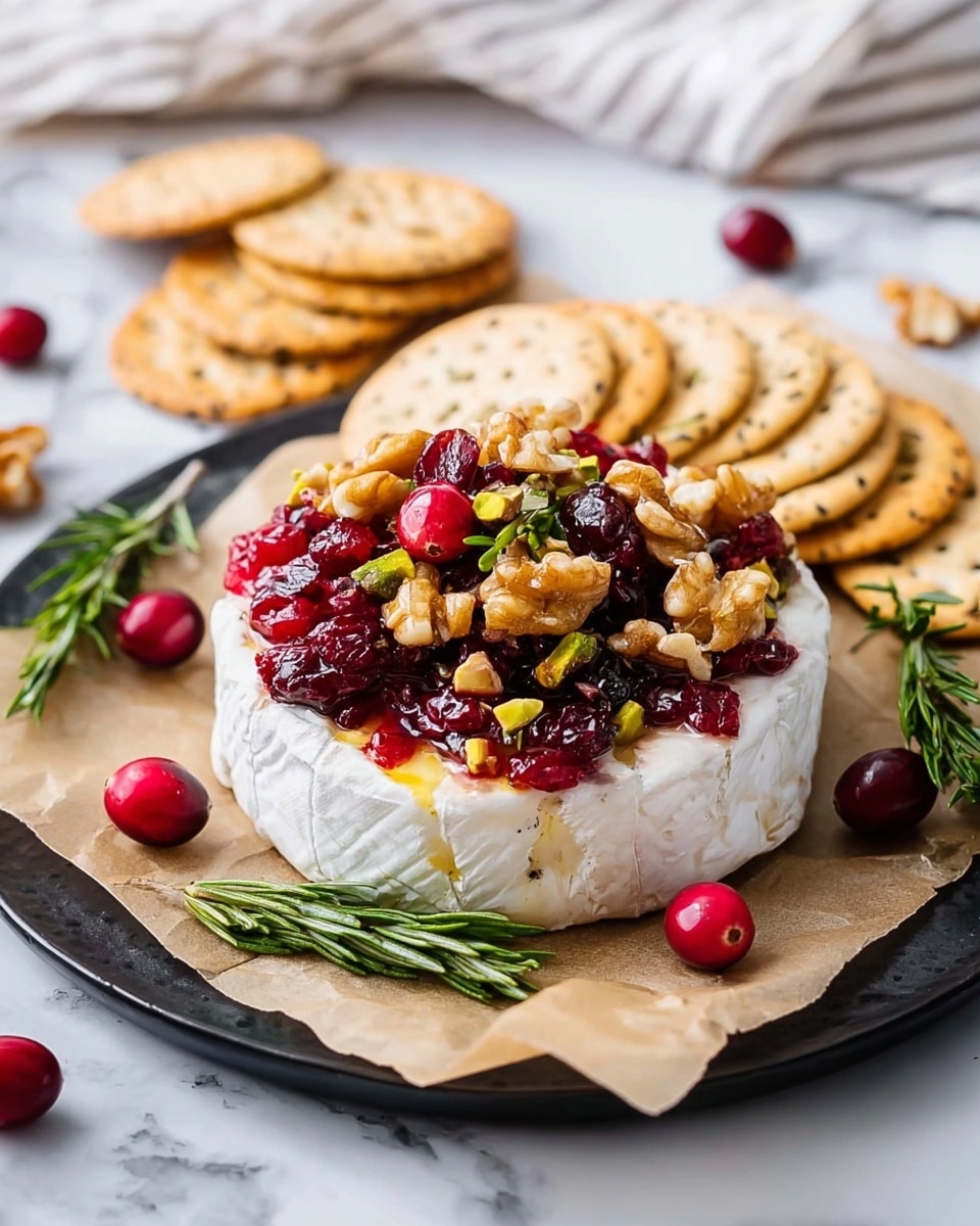 A round white cheese wheel is placed on a sheet of light brown parchment paper on top of a round black plate. On top of the cheese, there is a colorful mix of bright red cranberries, dark red berries, golden walnuts, and green pistachios, creating a rich and textured topping. Around the cheese on the parchment paper are a few whole fresh cranberries and sprigs of green rosemary. Behind the cheese, several round light tan crackers with poppy seeds are arranged. The setting has a white marbled surface with a soft striped cloth in the background. The overall look is fresh and inviting with contrasting colors and textures photo taken with an iphone --ar 4:5 --v 7
