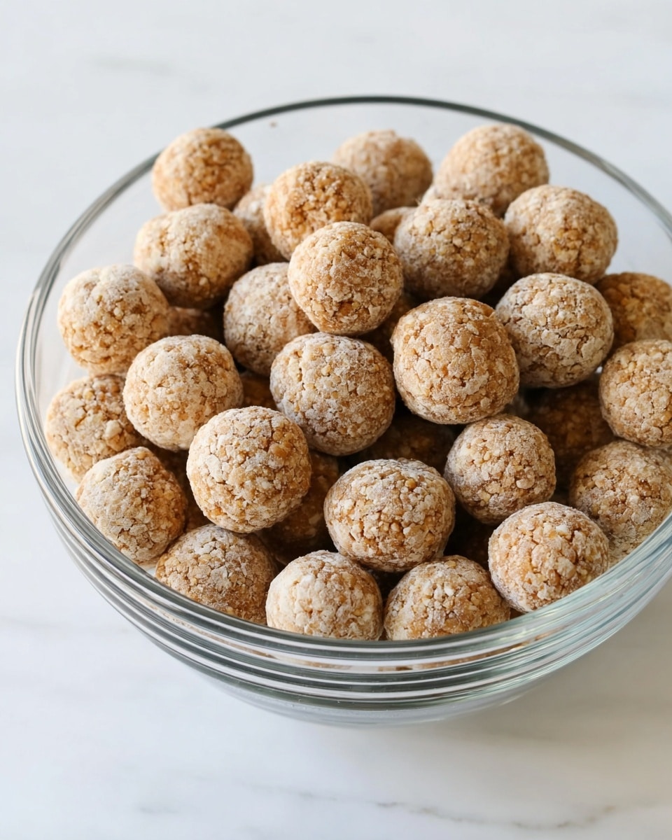 A clear glass bowl is filled with many small round balls that are light brown with a rough, slightly powdery texture. The balls are packed closely, filling the bowl almost to the top. The bowl sits on a white marbled surface with soft lighting that shows the texture and color of the balls clearly. The overall look is simple, natural, and clean photo taken with an iphone --ar 4:5 --v 7