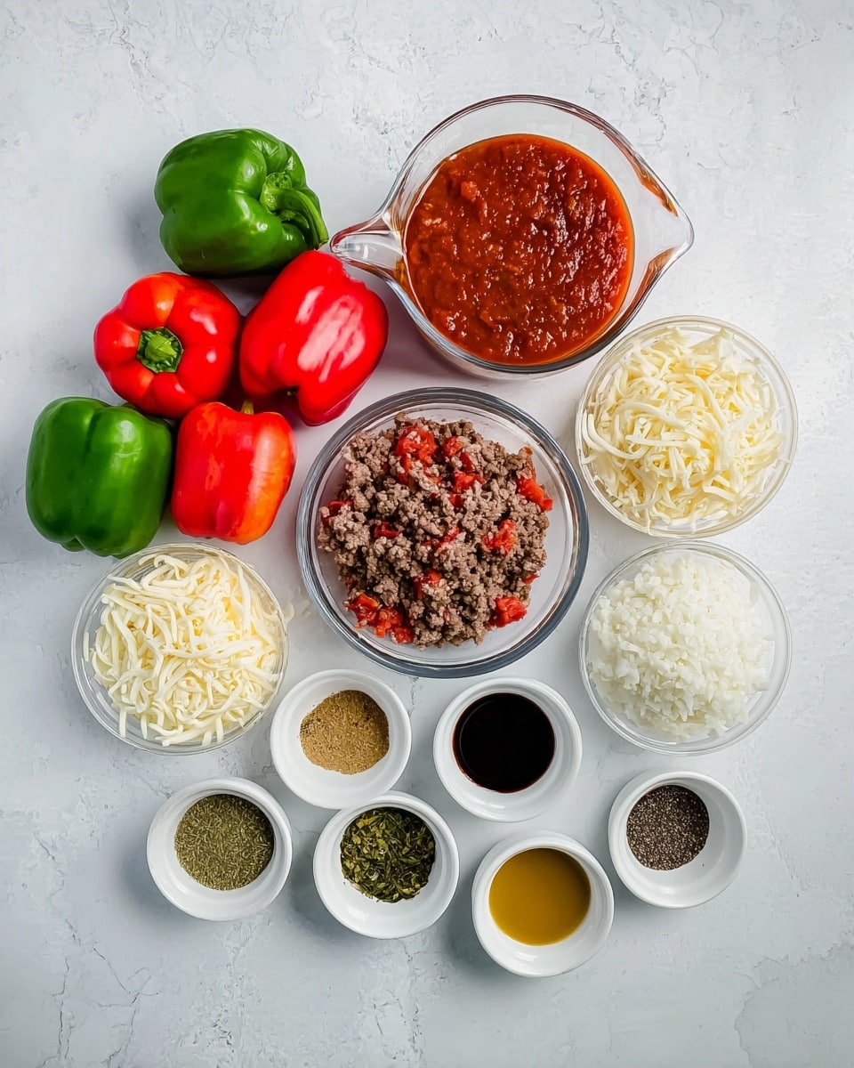 The image shows a top view of ingredients arranged neatly on a white marbled surface. On the left, a clear glass bowl holds five whole bell peppers in red and green colors, shining with fresh smooth skins. Around this bowl, small white bowls are filled with different finely chopped or ground ingredients: shredded pale yellow cheese, cooked minced beef with some red parts in a clear glass bowl, finely chopped white onions in another white bowl, and fluffy white rice in a clear glass bowl. A clear glass pitcher holds rich red sauce with a slightly chunky texture. Small white dishes hold various spices and sauces, including a dark soy-like liquid, a green herb mix, a yellow mustard-like paste, and some red and black seasonings. Everything is evenly spaced in a clean, bright setting. photo taken with an iphone --ar 4:5 --v 7