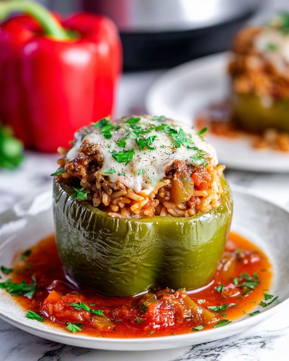 A large green bell pepper stands upright on a white plate, filled with a mix of cooked ground meat, rice, and small diced vegetables in red and orange tones. The top layer is melted white cheese, slightly browned, sprinkled with small sprigs of fresh green parsley and a light dusting of black pepper. The pepper sits in a pool of chunky red tomato sauce with visible tomato pieces and bits of herbs around the base. In the background, a blurred red bell pepper also filled with the mixture can be seen, all placed on a white marbled surface. Photo taken with an iphone --ar 4:5 --v 7