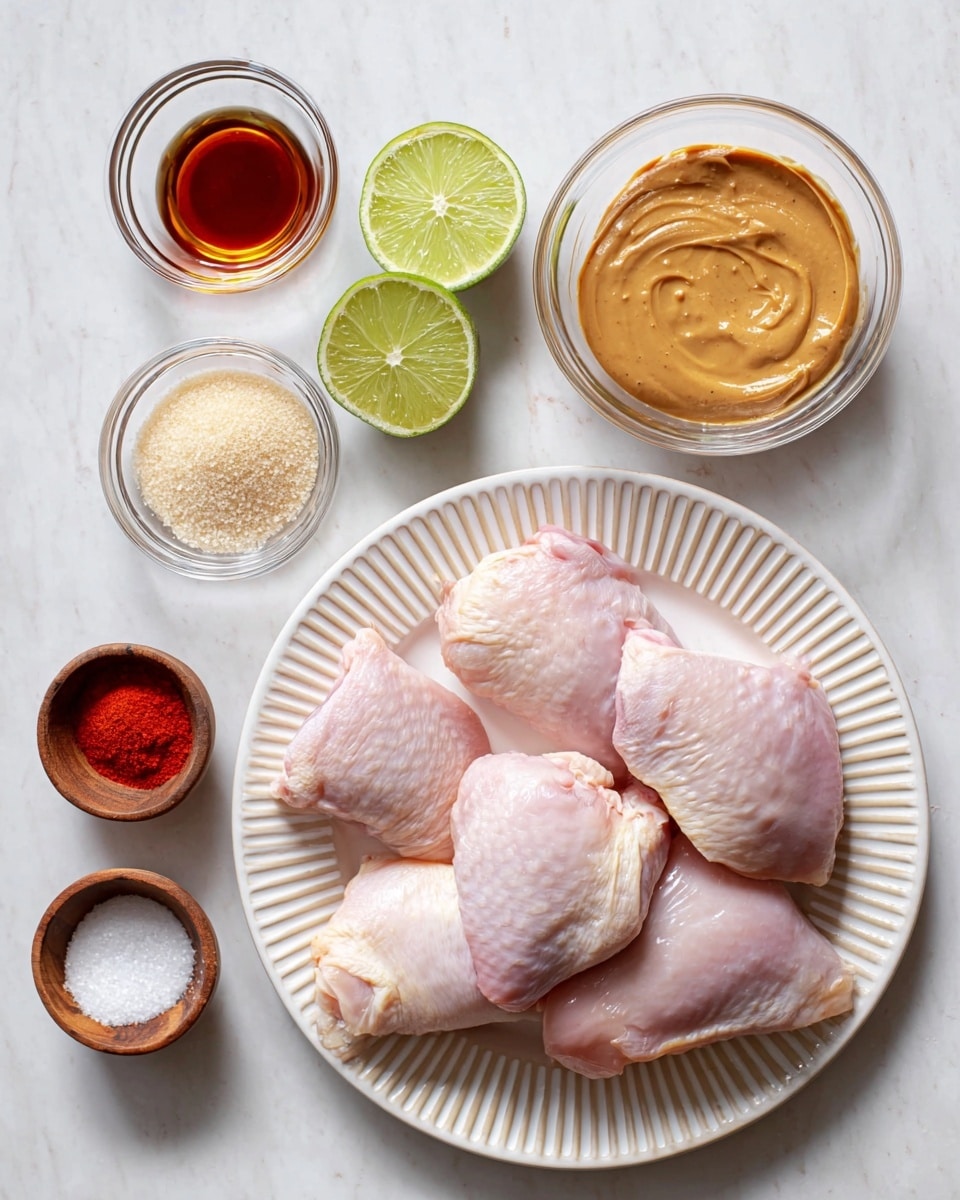 Six raw chicken pieces with pink skin and smooth texture are placed closely on a white plate with ridged edges in the bottom right corner. Above the plate, to the right, is a clear glass bowl filled with thick, light brown peanut butter. Above that, on the top center, are two halves of a green lime showing their juicy, pale green inside. To the top left corner, a small glass bowl contains dark amber-colored liquid. Below this, a small wooden bowl holds coarse light brown sugar. Directly below, near the bottom left corner, another small glass bowl contains bright red paste with a slightly rough texture. Below it, a glass bowl holds a creamy white liquid. At the very bottom, a small wooden bowl with coarse white salt sits. All items are arranged on a white marbled surface, showing clear details and natural colors. photo taken with an iphone --ar 4:5 --v 7