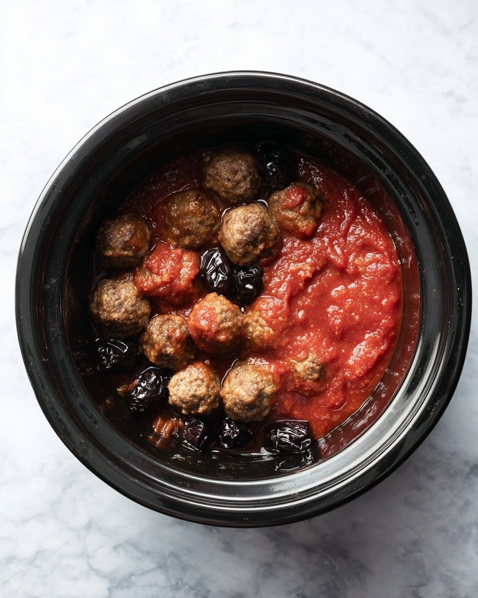 A black slow cooker bowl sits on a white marbled surface, filled with small browned meatballs clustered mostly on one side. Bright red tomato sauce with a smooth and slightly chunky texture covers part of the meatballs and the bottom of the bowl. There are also some dark, shiny pieces beneath the sauce, likely vegetables or olives, adding contrast. The image is taken from above, showing the simple layering inside the bowl clearly. photo taken with an iphone --ar 4:5 --v 7