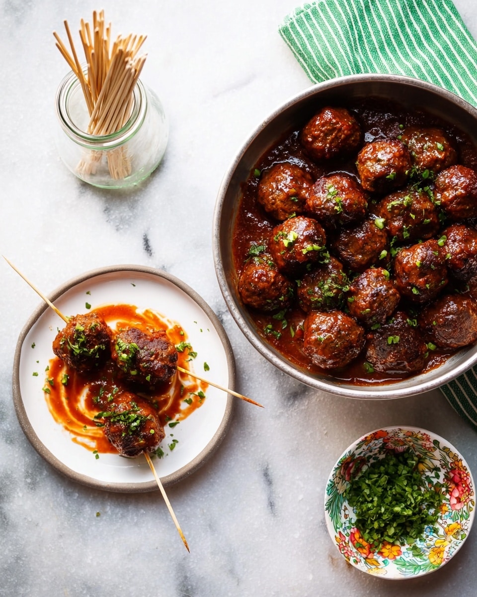 The image shows a large metal bowl filled with shiny, dark brown meatballs covered in a thick reddish-brown sauce, sprinkled with small green herb pieces. To the left of the bowl is a white plate holding three meatballs, each skewered with a small stick and sitting on swirls of the same reddish-brown sauce, also garnished with green herbs. Above the plate is a clear jar filled with wooden toothpicks resting on a folded green and white striped cloth. In the bottom right corner, there is a smaller white bowl with a colorful floral and green edge, holding chopped green herbs. All items are arranged on a white marbled surface. photo taken with an iphone --ar 4:5 --v 7