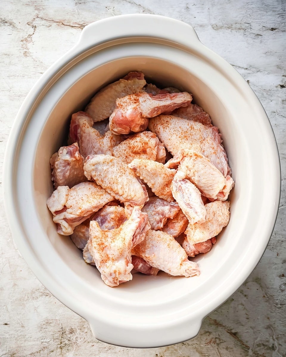 A white slow cooker is filled with a single layer of raw chicken wings, each piece coated lightly with a powdery seasoning that shows patches of light pink and white meat with a dusting of reddish-brown spice. The slow cooker sits on a white marbled surface, and the texture of the chicken looks soft and fresh. Photo taken with an iphone --ar 4:5 --v 7