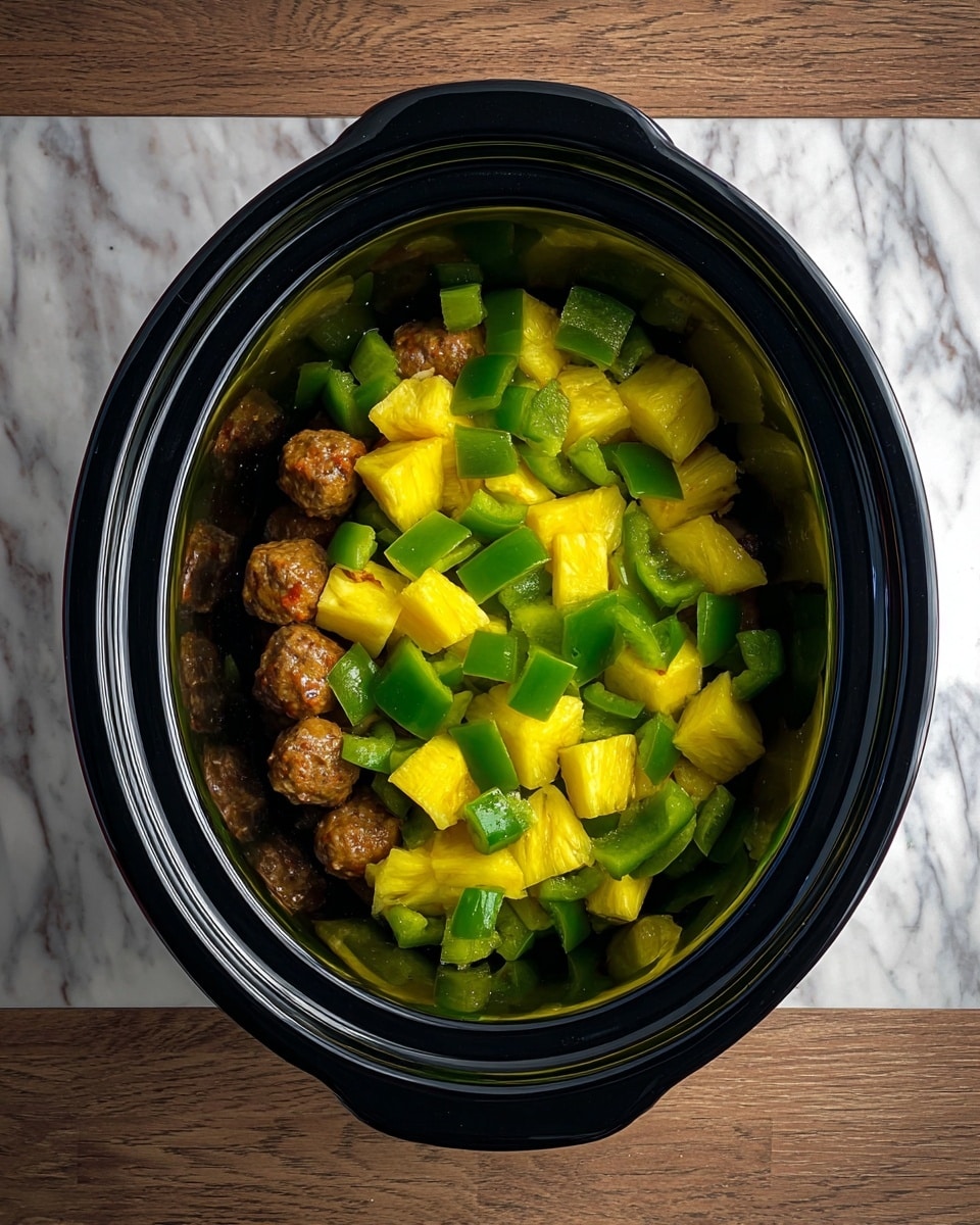 Inside a black slow cooker, there is a mix of three layers visible from the top view. The bottom layer is made up of small brown meatballs packed closely together. On top of this, there is a layer of chopped yellow pineapple chunks spread evenly. The topmost layer has pieces of bright green bell pepper cut into medium-sized squares scattered across the pineapple. The slow cooker sits on a surface with a white marbled texture. photo taken with an iphone --ar 4:5 --v 7