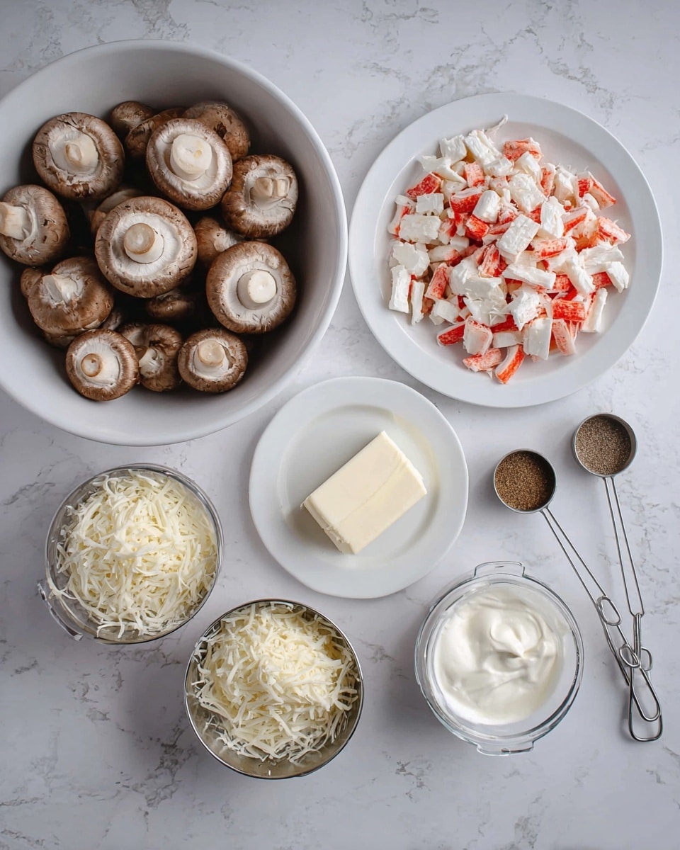 The image shows ingredients arranged on a white marbled surface. There is a large white bowl filled with whole brown mushrooms with their tops facing up on the left side. To the right, a white plate piled with small chopped pieces of white and red crab sticks. Below the mushrooms are metal measuring cups filled with shredded white cheese and grated pale yellow cheese. In the middle, a small white bowl holds a block of smooth cream cheese. Beside it, a metal measuring cup contains thick white sour cream. Two metal measuring spoons with brown powdered spices are placed near the top right corner. The setup looks neat and ready for cooking photo taken with an iphone --ar 4:5 --v 7