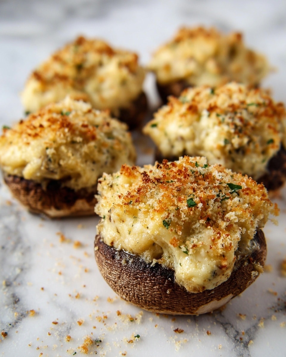 The image shows four stuffed mushrooms placed closely together on a white marbled surface. Each mushroom features a dark brown cap as the base layer, topped with a thick, golden-brown baked layer of creamy filling mixed with small bits of herbs. The top layer is sprinkled with fine, light brown breadcrumbs that add a slightly crispy texture. The filling looks soft with a slightly browned, bubbly surface, slightly spilling over the edges of the mushroom caps. The mushrooms are arranged in a casual cluster with the focus on the front mushroom where the texture and color details are the clearest. Photo taken with an iphone --ar 4:5 --v 7