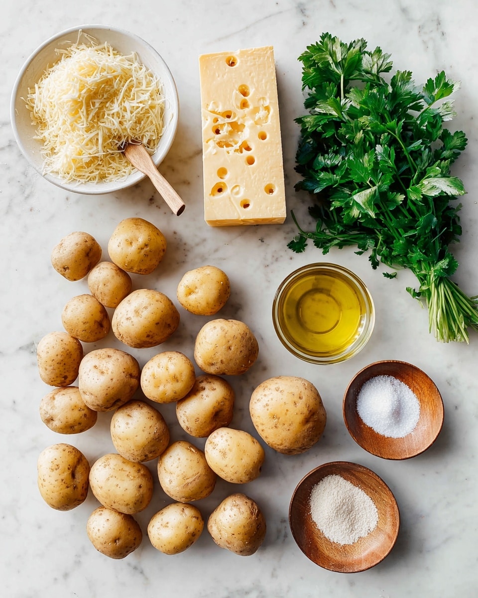 The image shows a spread of cooking ingredients on a white marbled surface. There are about 18 small, round, light-brown potatoes arranged in a loose cluster across the center and left side. At the top left, a white bowl filled with grated cheese has a small wooden spoon resting inside. Next to it is a block of harder yellowish cheese with holes on the surface. On the top right side, a bunch of fresh green parsley leaves sits, adding bright color. Below the parsley, there is a small clear glass with yellow olive oil. Around the bottom right corner, three small wooden bowls contain white powders and salt arranged in a spiral. Everything is neatly placed and well-lit, showing natural textures and colors. Photo taken with an iphone --ar 4:5 --v 7