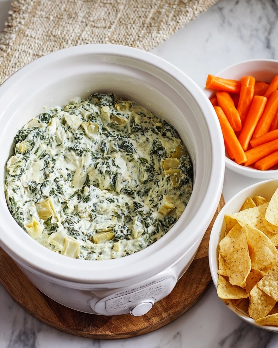 A white slow cooker filled with a creamy spinach and artichoke dip that has a mix of green spinach pieces and pale yellow artichoke bits, all swirled into a thick, smooth white sauce sitting on a round wooden board. To the right, there are two small white bowls: the back one holds bright orange baby carrots, and the front one contains light golden tortilla chips, all placed on a white marbled surface with a textured beige cloth behind. Photo taken with an iphone --ar 4:5 --v 7