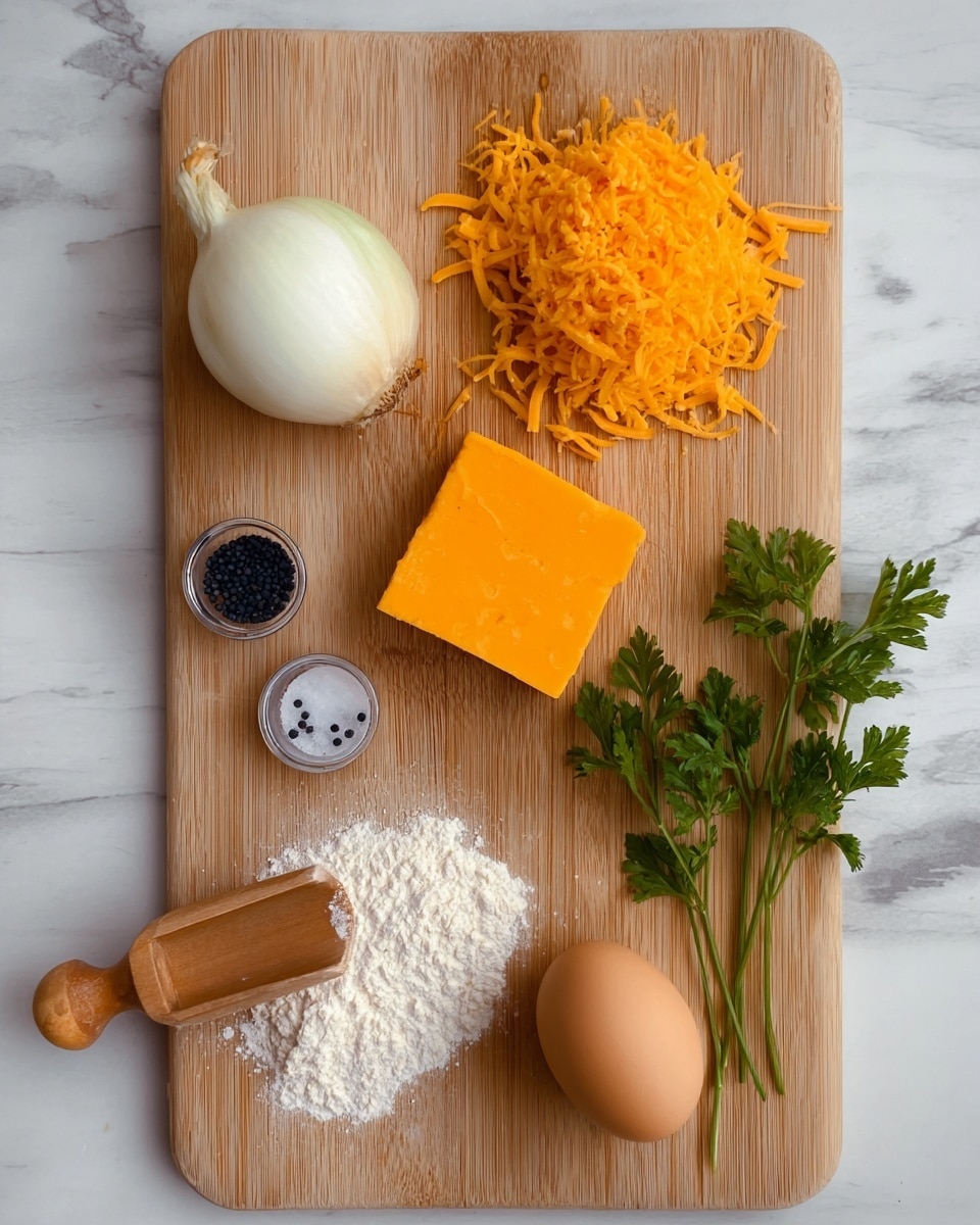 The image shows a light brown wooden cutting board on a white marbled surface. On the top left of the board, there is a half white onion with a light brown peel. Next to it, a pile of shredded orange cheddar cheese sits in the center top. To the right, a solid piece of orange cheddar cheese rests. Below the cheese, two sprigs of fresh green parsley lay side by side. An egg with a light brown shell is positioned at the bottom right. Near the bottom left, a wooden scoop filled with white flour spills some flour onto the board. Two small round containers of spices, one black and one white with black dots, are placed near the top left center. The scene is simple and neatly arranged with clear visibility of each item’s color and texture. photo taken with an iphone --ar 4:5 --v 7