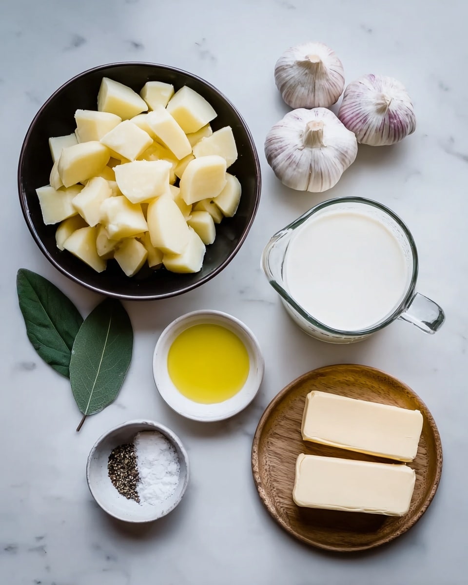 The image shows ingredients arranged on a white marbled surface. On the left, a black bowl has many peeled, large potato pieces, light yellow in color. To the right of the bowl, there are two green bay leaves placed side by side. Above the leaves, two garlic bulbs with white skin and purple lines can be seen, each made of many small segments. Next to the garlic, there is a small white bowl filled with golden yellow olive oil. Below the bowl with oil, another small white plate holds a mixture of salt and cracked black pepper half and half. On the far right, a clear glass measuring jug contains white milk, and below that, on a round wooden plate, are two sticks of pale yellow butter. photo taken with an iphone --ar 4:5 --v 7