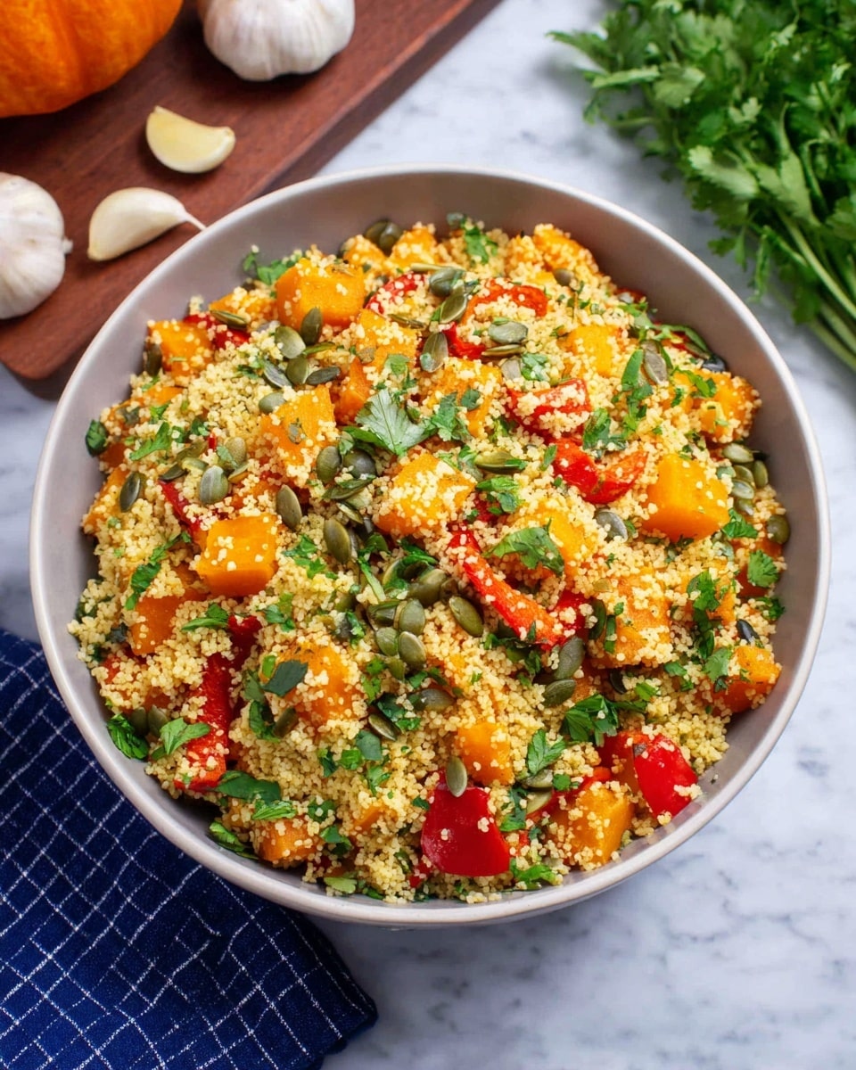 A bowl filled with a colorful mix of small, light yellow couscous grains with bright orange cubes of roasted pumpkin scattered evenly throughout. Bright red pieces of roasted red pepper are spread around, along with fresh chopped green herbs and some pumpkin seeds sprinkled on top. The bowl is white and sits on a white marbled surface with a few garlic cloves, a bunch of green herbs, and a blue checkered cloth nearby. photo taken with an iphone --ar 4:5 --v 7
