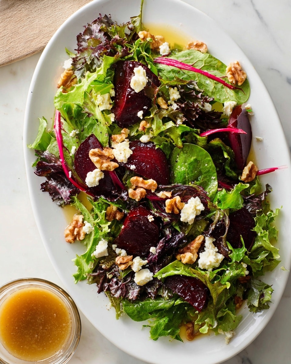 A white oval plate holds a fresh salad with a base layer of mixed green and purple leafy vegetables with different shapes and textures, some with bright red stems visible. Scattered on top are deep red sliced beets, creamy white crumbles of cheese, and clusters of light brown walnuts adding texture. The salad is dressed lightly, giving a subtle shine to some leaves. The plate is set on a white marbled surface, and a small glass bowl with light brown dressing sits nearby. photo taken with an iphone --ar 4:5 --v 7
