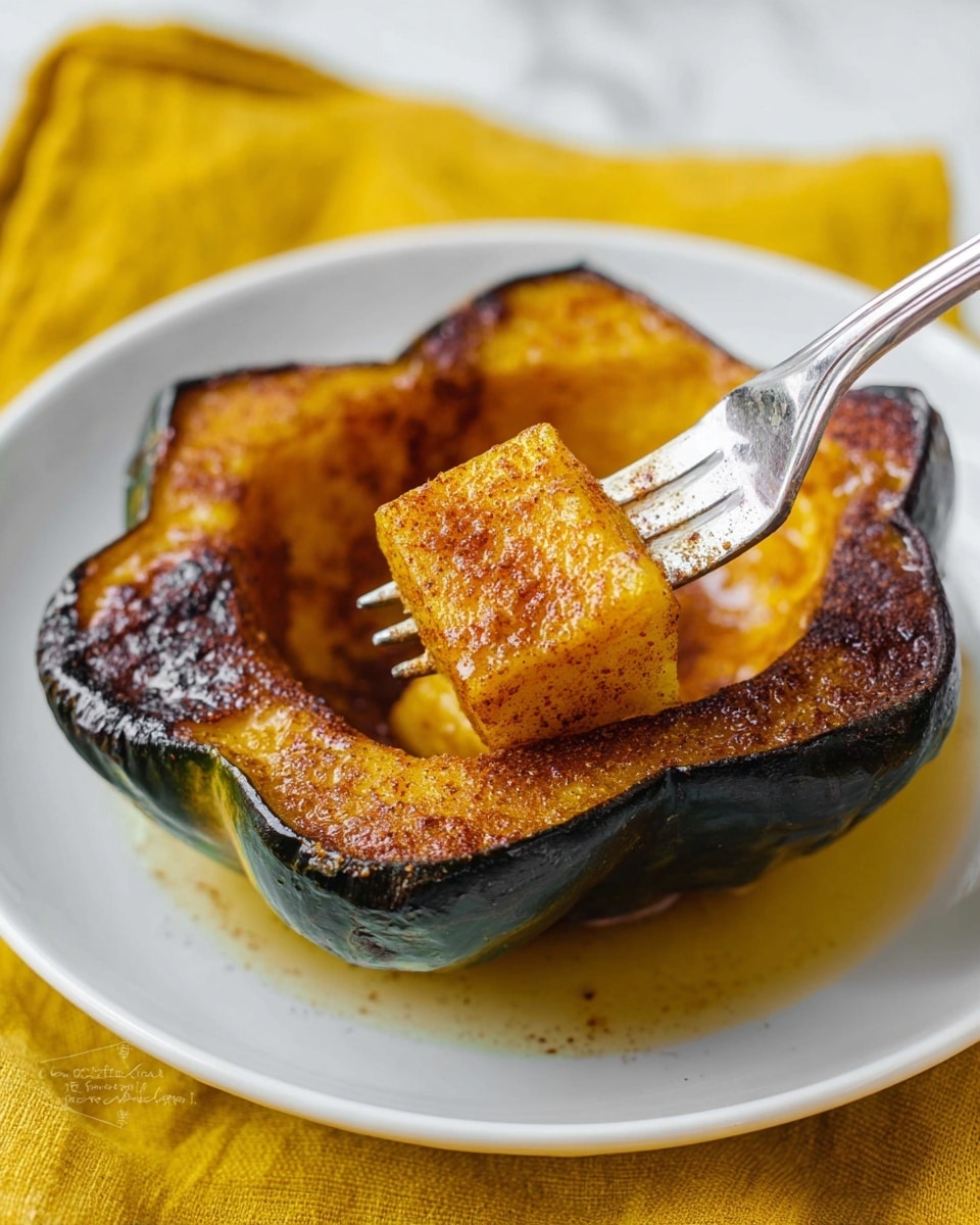 A roasted acorn squash half sits on a white plate, resting on a white marbled surface with a yellow cloth nearby. The squash is cut into small square sections with its skin dark green and slightly charred from roasting. The inside is golden orange with a glossy texture from melted butter and a sprinkle of brown cinnamon that covers its surface. A silver fork holds a small cube of the soft roasted squash lifted slightly from the center. The lighting highlights the warm tones and moisture on the squash. Photo taken with an iphone --ar 4:5 --v 7