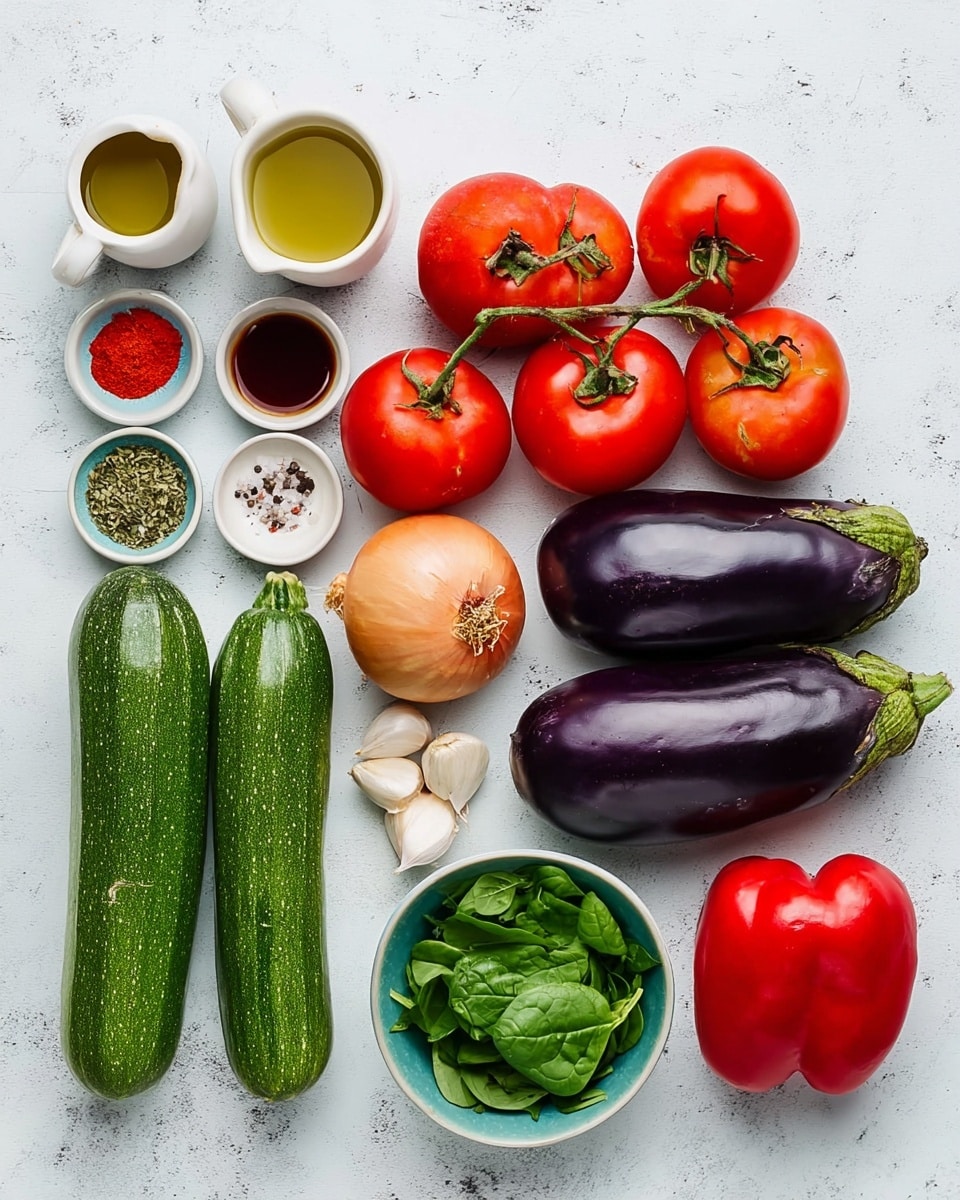 A top view of fresh vegetables and spices neatly arranged on a white marbled surface. There are two green zucchinis and one large purple eggplant lined up horizontally on the right. A cluster of bright red tomatoes on the vine sits next to a whole green bell pepper and a red bell pepper near the bottom center. On the left side, there is an onion, some fresh spinach leaves in a small white bowl, and several garlic cloves in another small white bowl. Small white bowls hold various spices including black pepper, red powder, salt, and green herbs. Two small white pitchers contain a light yellow liquid and a dark red liquid. The scene is bright and organized. photo taken with an iphone --ar 4:5 --v 7