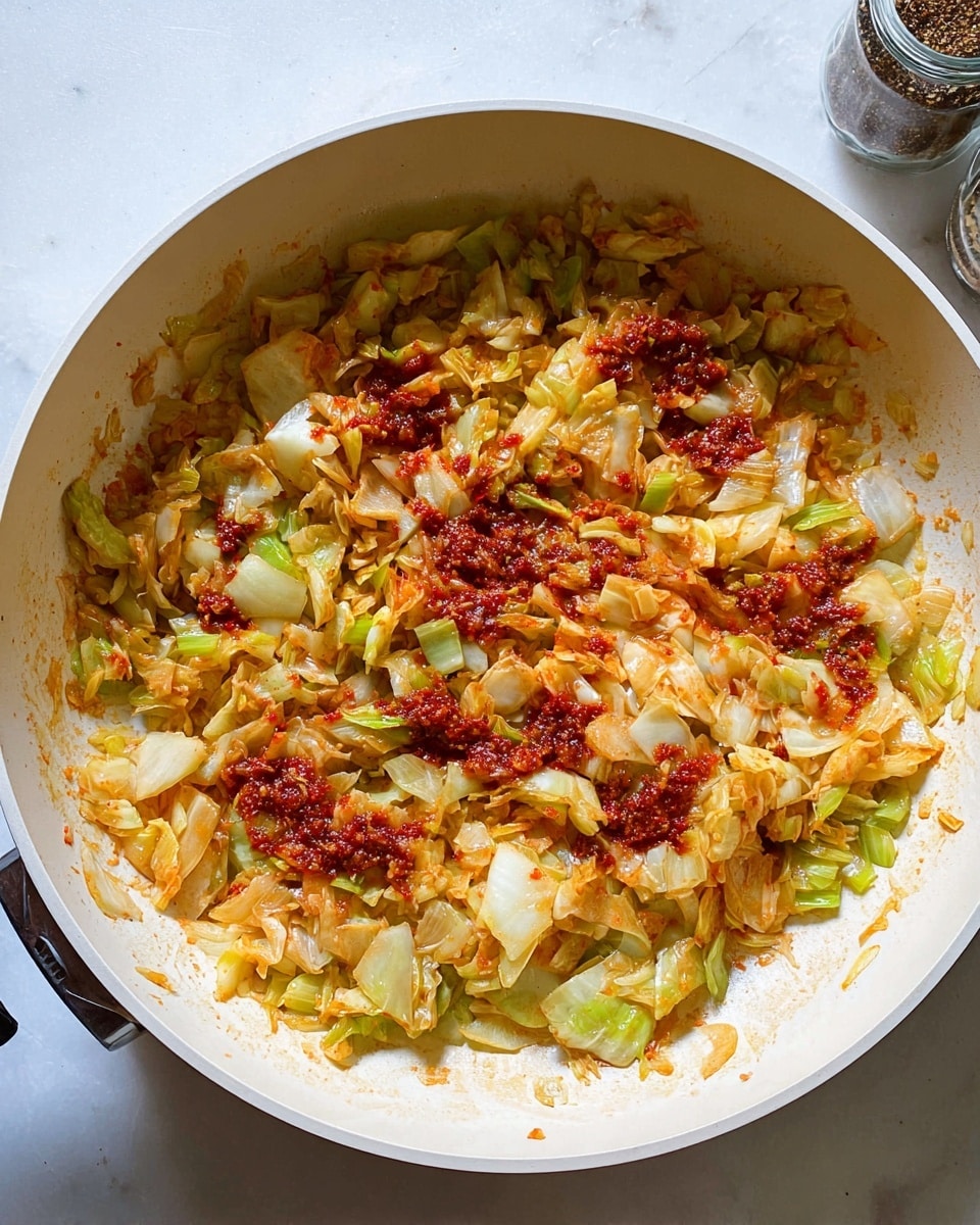 Inside a large white round pan, there is a mix of cooked chopped vegetables mostly onions and leeks. The vegetables are soft with a slightly shiny texture, showing a mix of pale yellow and light green colors. Some parts are covered with a reddish sauce that looks like tomato or chili paste, creating small patches of deep red on top of the vegetables. The pan sits on a white marbled surface, and there are crystal jars with spices visible on the right side outside the pan. photo taken with an iphone --ar 4:5 --v 7