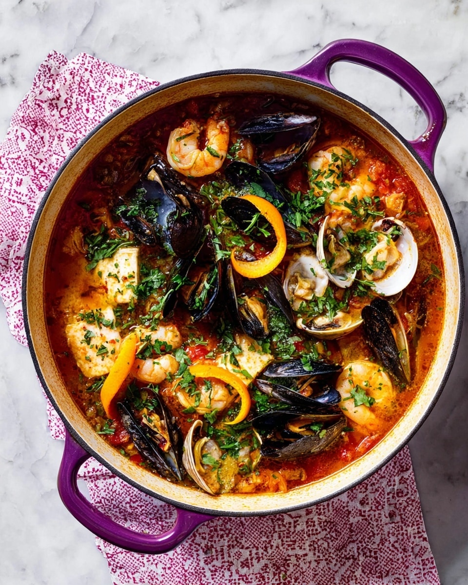 A round purple pot filled with a seafood stew sits on a white marbled surface next to a patterned pink and white cloth. The stew has a reddish-orange broth layer with bits of chopped onions and herbs. Scattered on top are layers of black mussels, pink shrimp with curled tails, white fish fillets, and open clams with pale yellow meat. There is also a bright orange peel strip twisted on one side. Fresh chopped green herbs are sprinkled all over, adding a fresh contrast to the warm colors of the stew. photo taken with an iphone --ar 4:5 --v 7