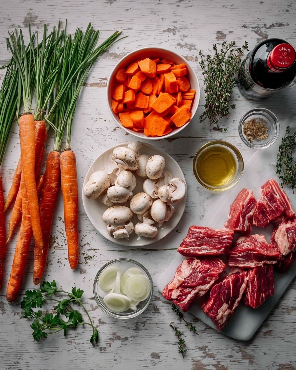 The image shows several raw ingredients arranged on a white marbled surface. On the left, three long whole carrots are placed beside a bunch of green herbs including chives and parsley. A white bowl filled with sliced orange carrots is above the carrots. In the middle, white mushrooms are whole and sliced, scattered around. A white plate holds raw chunks of red meat with white fat marbling inside it. To the right, thin slices of raw meat with fat strips lie on a white rectangular board. Small clear bowls contain sliced onion and golden oil. Fresh thyme sprigs are placed around the ingredients. A bottle with a red seal appears in the top right corner. photo taken with an iphone --ar 4:5 --v 7