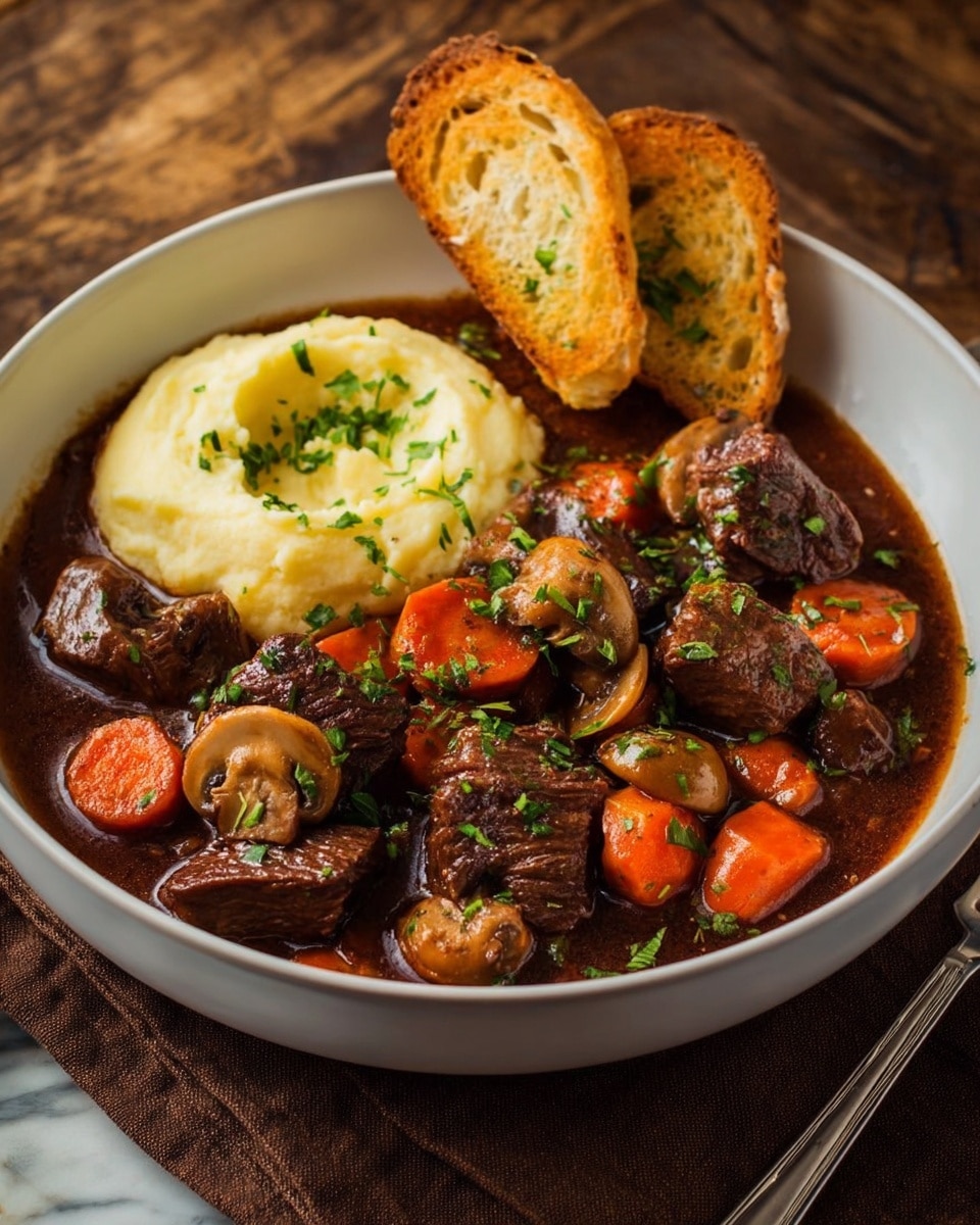 A white bowl holds a rich dark brown stew full of medium-sized chunks of tender beef, round slices of bright orange carrots, and halved brown mushrooms, all sprinkled with chopped green herbs. On the side of the stew, there is a smooth, creamy swirl of pale yellow mashed potatoes topped with a little green herb. Two golden toasted bread slices lean on the back edge of the bowl. The bowl sits on a brown cloth with a silver fork on the right and a white marbled surface underneath. Photo taken with an iphone --ar 4:5 --v 7