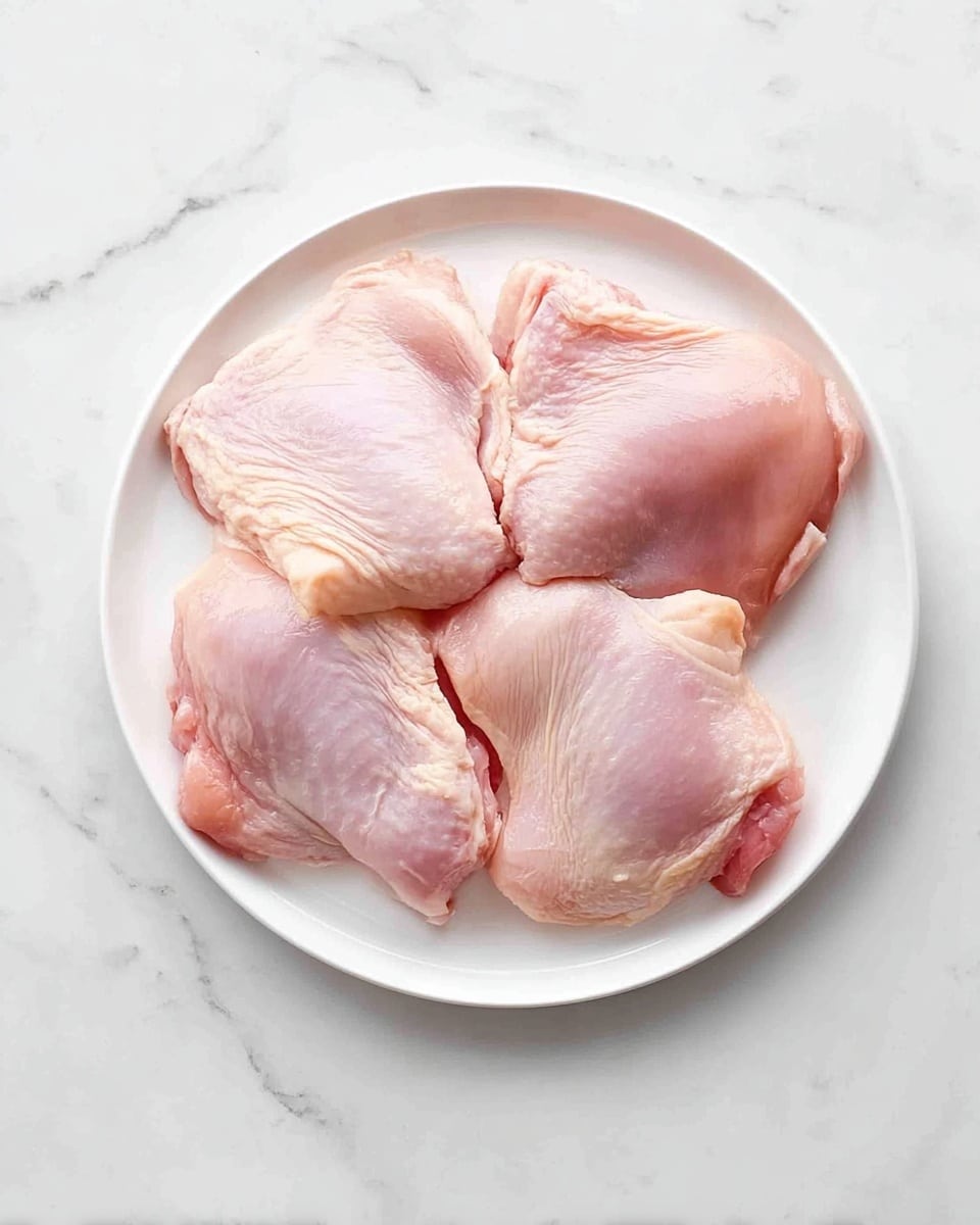 A white plate placed on a white marbled surface holds four pieces of raw chicken with pale pink skin, laid flat with a smooth texture. The chicken pieces slightly overlap each other, with some natural folds showing, and each piece has a mix of light and darker pink areas, highlighting the rawness and moisture of the meat. The arrangement is simple and neat, emphasizing the freshness of the chicken. Photo taken with an iphone --ar 4:5 --v 7