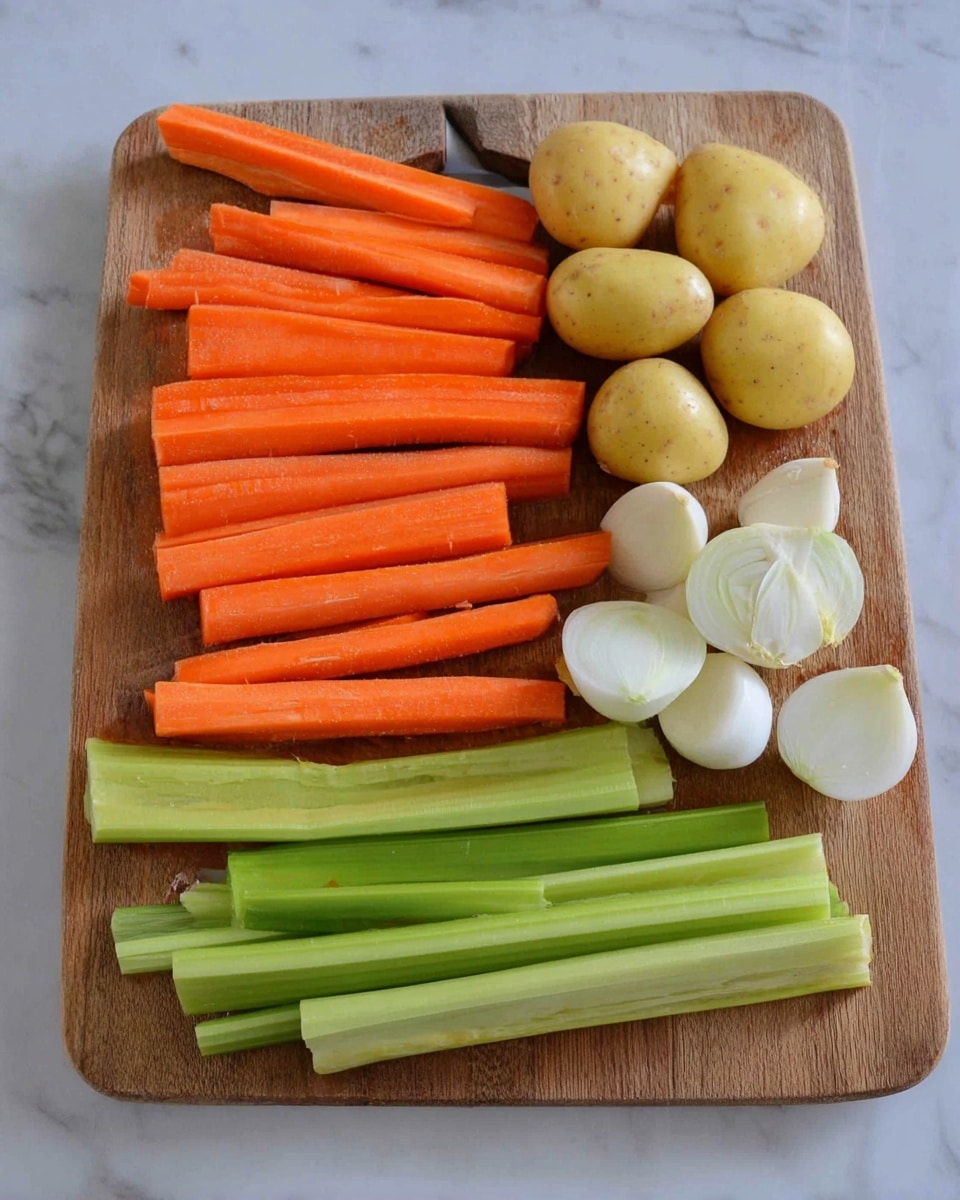 The image shows a wooden cutting board placed on a white marbled surface. On the board, there are bright orange carrot sticks arranged neatly mainly on the left and center parts. Below the carrots, there are several thick pale green celery stalks placed together side by side with a smooth texture. To the right on the board, there are five peeled light yellow potatoes grouped together, and three white round onions, one whole and two halves, showing their smooth surfaces. The colors contrast well and create a fresh, ready-to-cook vegetable arrangement. Photo taken with an iphone --ar 4:5 --v 7