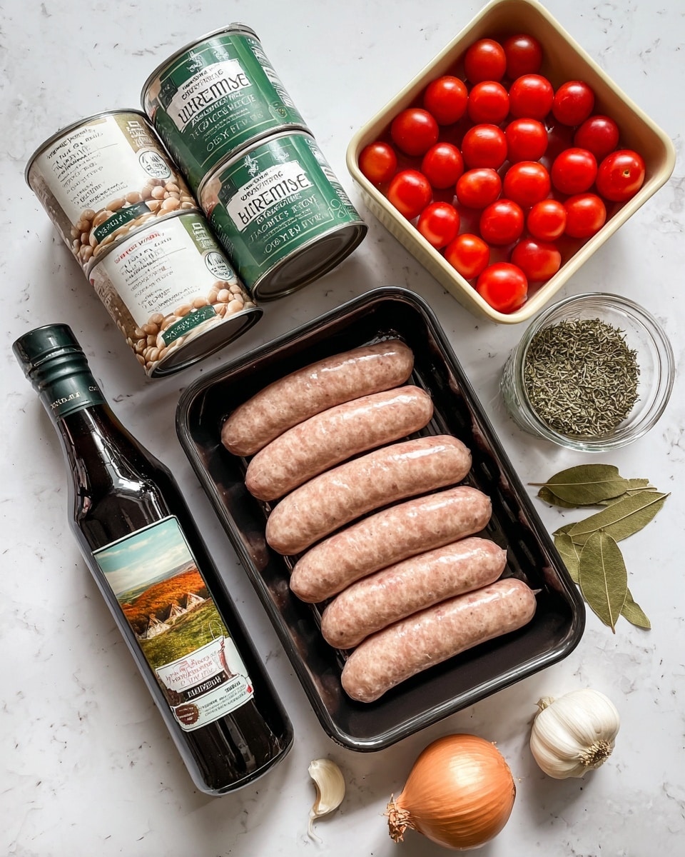The image shows raw sausages neatly arranged in a black tray at the center, with six pinkish sausages lined up side by side, showing a smooth, shiny texture. To the right of the sausages is a green jar of dried thyme, small and clear, with visible green leaves inside. Above the sausages is a beige container full of bright red cherry tomatoes, round and shiny. To the left top corner, two cans of organic great northern beans with white and green labels lean diagonally, showing the beans on the label. Below them is a dark bottle of balsamic vinegar with a white label featuring a painted landscape. Near the bottom center, a whole light brown onion with a papery texture sits next to a bulb of garlic with a white, papery skin. To the left of the sausages, a small green jar of dried bay leaves lies flat on a white marbled surface. Everything is set on a smooth white marbled countertop, the whole scene is clean and bright with soft natural light. photo taken with an iphone --ar 4:5 --v 7