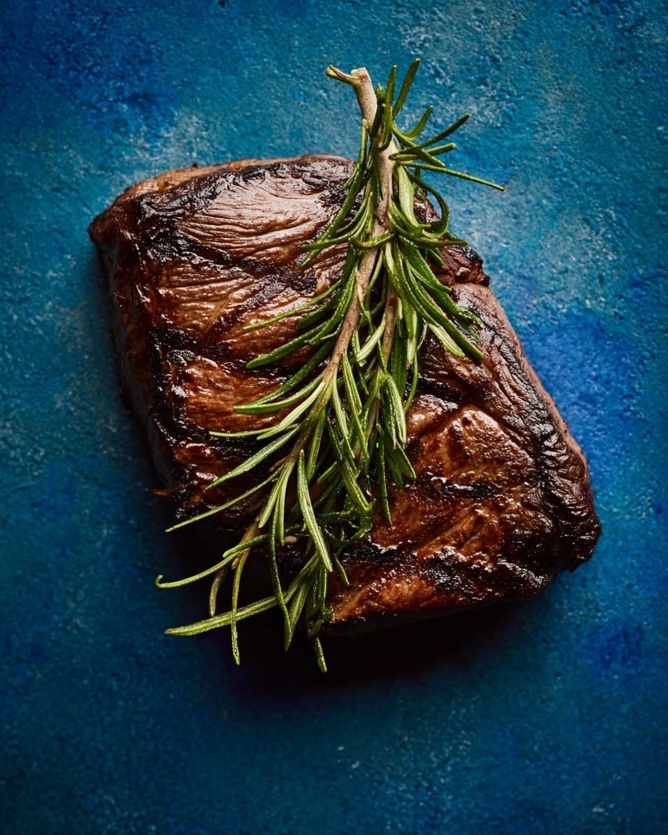A single thick piece of grilled steak with a dark brown juicy surface and char marks is shown from above, with a fresh sprig of green rosemary placed diagonally on top. The steak sits alone on a blue textured surface. photo taken with an iphone --ar 4:5 --v 7