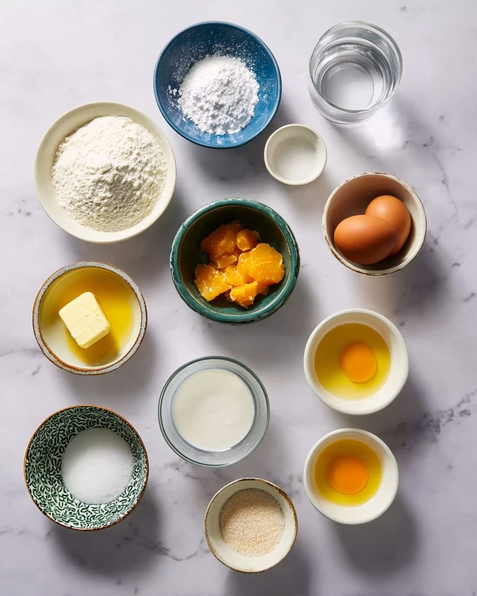 The image shows a white marbled surface with 13 small bowls and glasses arranged neatly. At the bottom left, a white bowl holds light yellow solid butter next to a blue bowl filled with white flour. Above them is a small bowl with melted yellow butter, near a smaller bowl containing bright orange chunks. To the right is a green bowl holding two brown eggs. In the center, there is a clear glass bowl with white liquid. Next to it are smaller ceramic bowls: one with a small amount of white powder, another with a green pattern holding little salt, and a white bowl with a beige batter or mix. Toward the bottom right, two white bowls contain white sugar and yellow liquid. On the top right, a clear glass holds water. The setting is simple and clean, with all items spaced evenly for clarity photo taken with an iphone --ar 4:5 --v 7