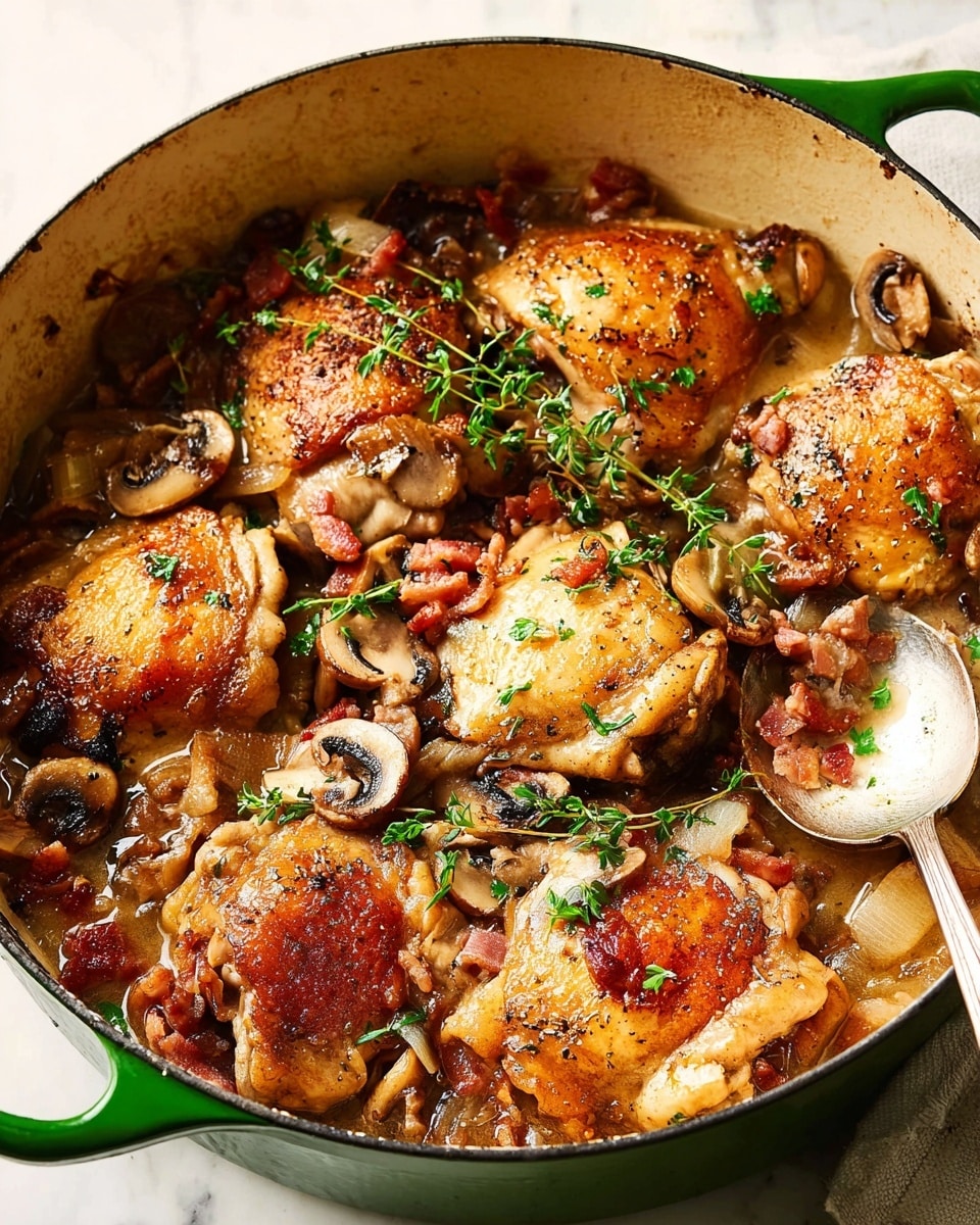 A close-up view of a green-handled pot filled with six golden-brown cooked chicken pieces, with a crispy texture on top. The chicken is surrounded by sliced light brown mushrooms, small diced reddish-brown bacon bits, and soft, translucent onions in a rich, light brown sauce. Fresh green herb sprigs and scattered chopped parsley add a touch of color on top. A silver spoon rests on the right side inside the pot, all placed on a white marbled surface photo taken with an iphone --ar 4:5 --v 7