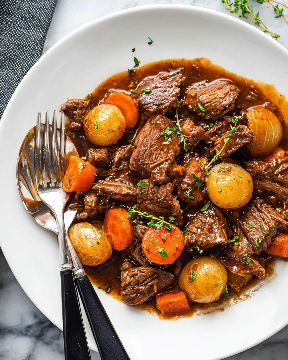 A white plate filled with a rich brown beef stew featuring chunks of tender meat, whole pearl onions, and sliced orange carrots scattered evenly throughout. The beef pieces show a soft, fibrous texture with slight shredding. Small sprigs of fresh green herbs add color on top. The stew is moist with a thick brown sauce pooling around the ingredients. A fork and spoon with black handles rest on the edge of the plate. The plate sits on a white marbled surface photo taken with an iphone --ar 4:5 --v 7