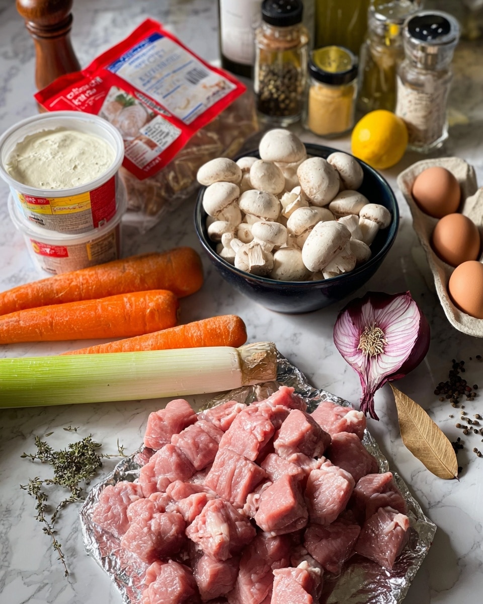 The image shows a collection of fresh ingredients arranged on a white marbled surface. In the front, there is a pile of raw pink meat cubes on foil. Behind them, to the left, lie two bright orange carrots and a long white leek. A black bowl filled with small white mushrooms is placed to the back right of the vegetables. Near the mushrooms, there is a whole purple shallot with black cloves stuck on top next to some dried leaves and a small bunch of herbs. To the left side, there is a red and white packet of frozen small onions, a partially opened container of white cream cheese, and a few brown eggs in a carton. Other ingredients like a yellow lemon, jars with spices, a black pepper grinder, and a bottle of white wine stand in the background. The scene is well lit and arranged naturally, photo taken with an iphone --ar 4:5 --v 7