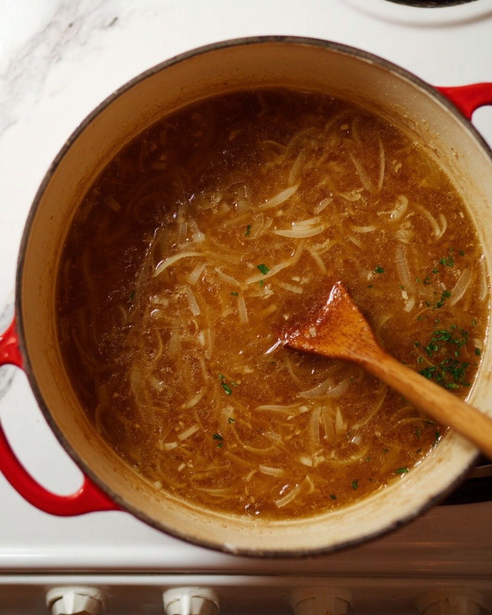 A white pot with red handles filled with a brown onion soup that has thin, soft onion slices floating throughout in a broth. A wooden spoon is inside the pot, partially submerged in the soup, stirring softly. The soup surface has a slight shine with small bits of green herbs scattered on top. The pot sits on a white stove, and the area around it has a clean white marbled texture. photo taken with an iphone --ar 4:5 --v 7