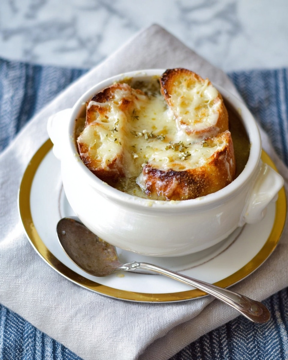 A white bowl filled with layers of toasted bread slices topped with melted golden cheese, which is bubbly and slightly browned at the edges, placed on a white plate with thin gold accents. The bowl sits on a folded light gray cloth napkin with a vintage silver spoon resting beside it. The background shows a blue and white striped fabric on a white marbled surface, creating a cozy and warm setting. photo taken with an iphone --ar 4:5 --v 7