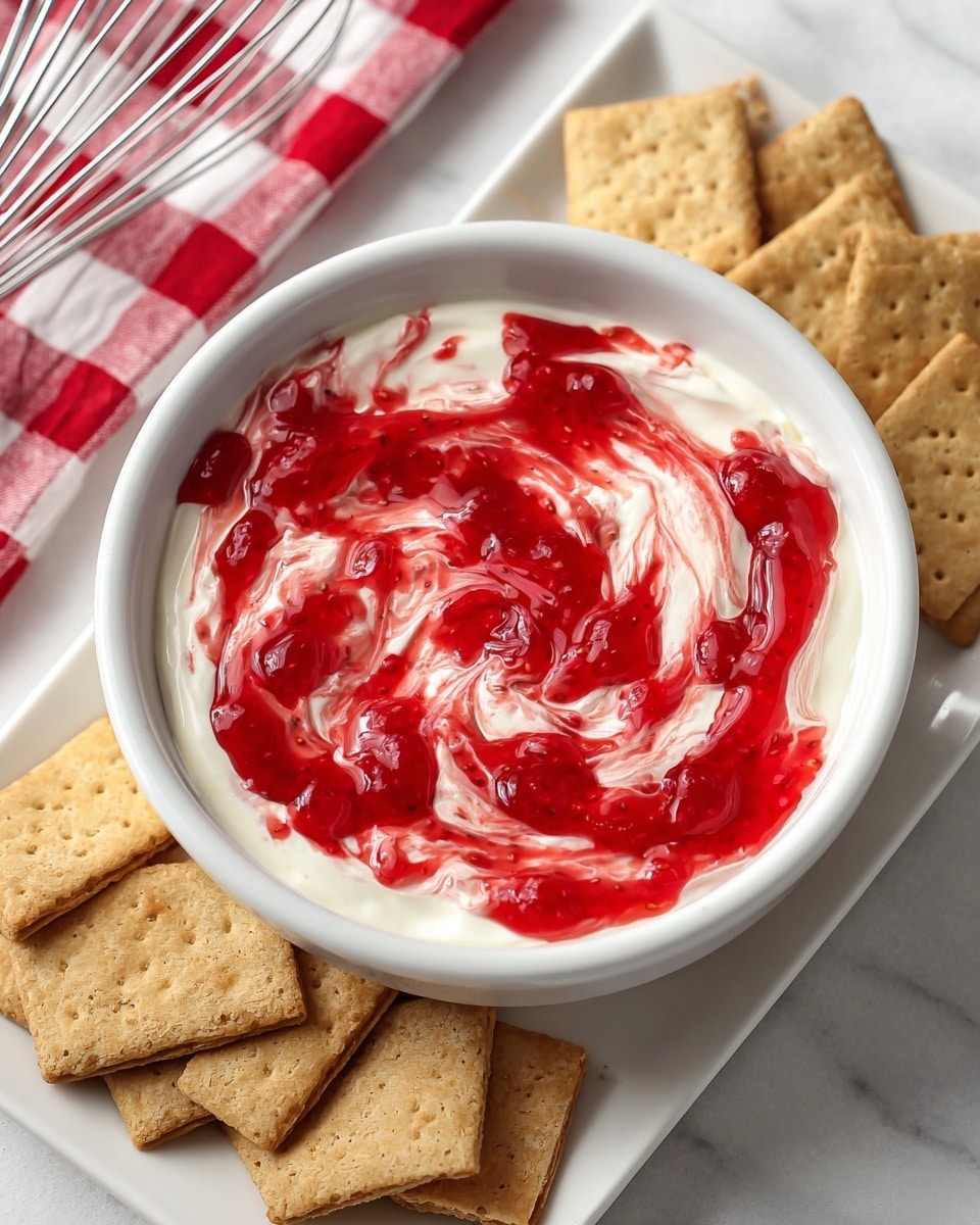 A white bowl filled with creamy white layer of soft cheese or yogurt, topped with a bright red and shiny strawberry sauce swirled gently into the white base, creating a marbled effect. Around the bowl, a white rectangular plate holds several light brown rectangular graham crackers arranged loosely. The background shows a white marbled surface with a red and white checkered cloth and a metal whisk in the top left corner. photo taken with an iphone --ar 4:5 --v 7