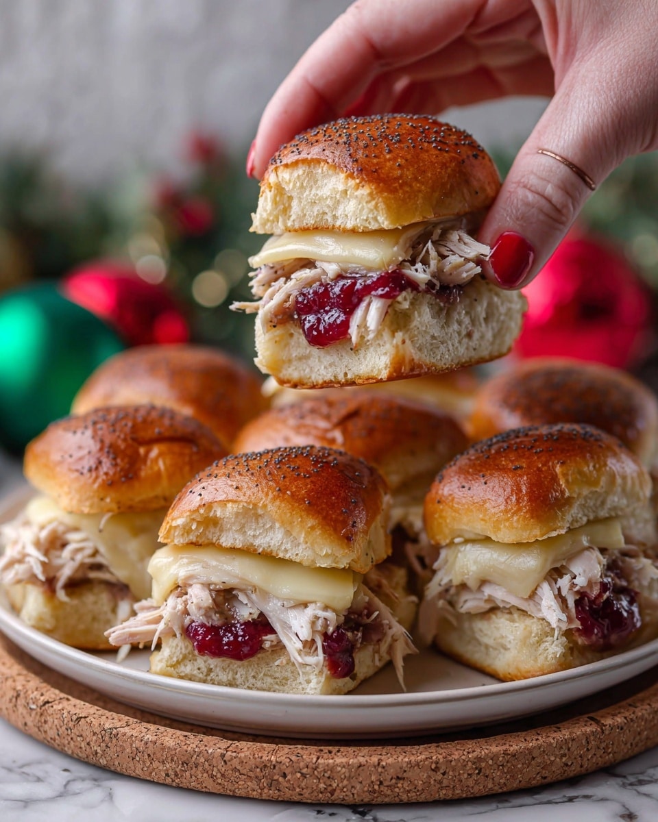 A cluster of six small sandwiches sits on a white plate with a cork base, each sandwich made from a shiny golden brown poppy seed bun. Each sandwich has three layers: the soft, fluffy bun on top and bottom, with melted pale yellow cheese and shredded white turkey meat layered in the middle, along with a bright red cranberry sauce that adds a pop of color. A woman's hand is holding up one sandwich above the plate, showing the fresh layers inside. The background is softly blurred with a white marbled texture and some green and red Christmas ornaments visible. Photo taken with an iphone --ar 4:5 --v 7