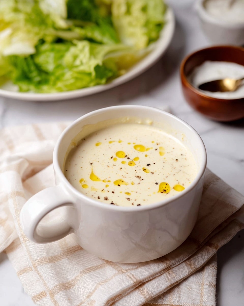 The image shows a white cup filled with creamy, light beige sauce that has small drops of yellow oil and tiny black pepper specks scattered on its surface. The cup has a handle on the right side and sits on a soft beige cloth with a subtle checkered pattern. Behind the cup, there is a white plate filled with green leafy vegetables, slightly blurred, and to the right, a small brown bowl with a spoon and white creamy substance inside can be seen. All are placed on a white marbled surface. photo taken with an iphone --ar 4:5 --v 7