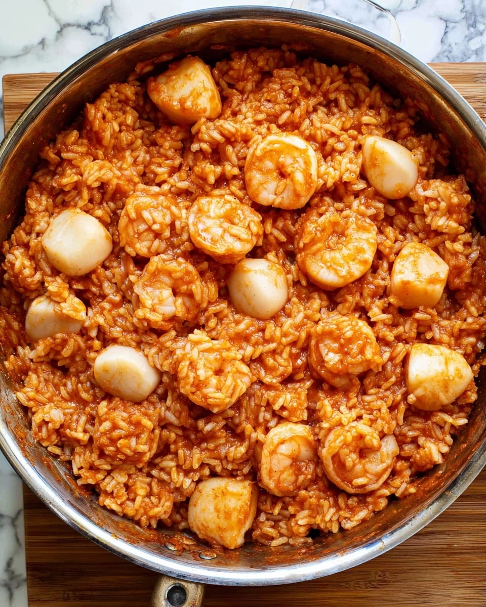 A close-up view of a large metal pan filled with a single layer of cooked rice mixed with a thick, reddish-orange sauce. Scattered evenly throughout the rice are plump shrimp and small light cream-colored scallops. The texture appears moist and glossy, showing the sauce coating each piece with a slightly shiny finish. The pan sits on a white marbled surface with a wood texture visible beyond the pan's edge. Photo taken with an iphone --ar 4:5 --v 7