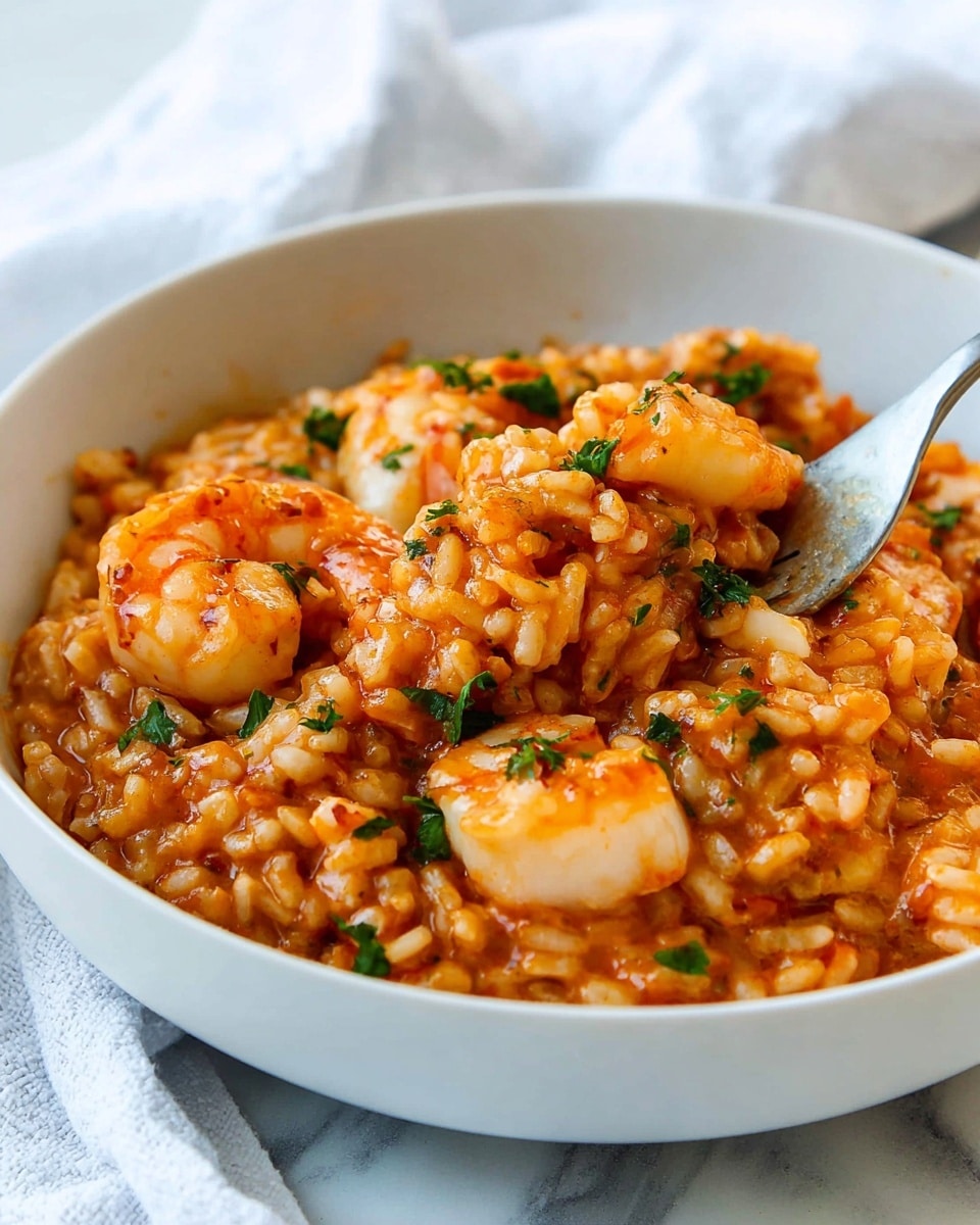 A close-up view of a white bowl filled with risotto in rich orange-red sauce, with visible large shrimp and scallops mixed throughout. The risotto grains appear soft and coated with sauce, creating a slightly shiny texture. Small green parsley pieces are scattered on top for freshness and color contrast. A silver fork is partially visible in the bowl, slightly lifting some of the dish. The bowl rests on a white marbled surface with a soft white fabric blurred in the background. Photo taken with an iphone --ar 4:5 --v 7