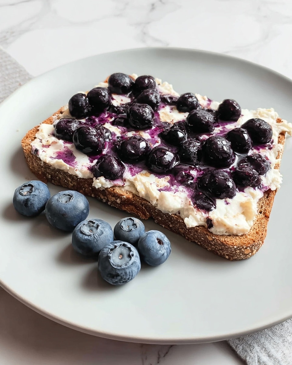 A single slice of toasted brown bread is placed on a white plate, topped with a thick layer of creamy white cheese spread that has a slightly bumpy texture, and scattered with whole cooked blueberries that have a deep purple color, some of which have released a little purple juice blending into the cheese. Several fresh, plump blueberries with a matte blue skin are arranged casually on the plate next to the bread. The surface below the plate shows a white marbled texture with soft lighting. photo taken with an iphone --ar 4:5 --v 7