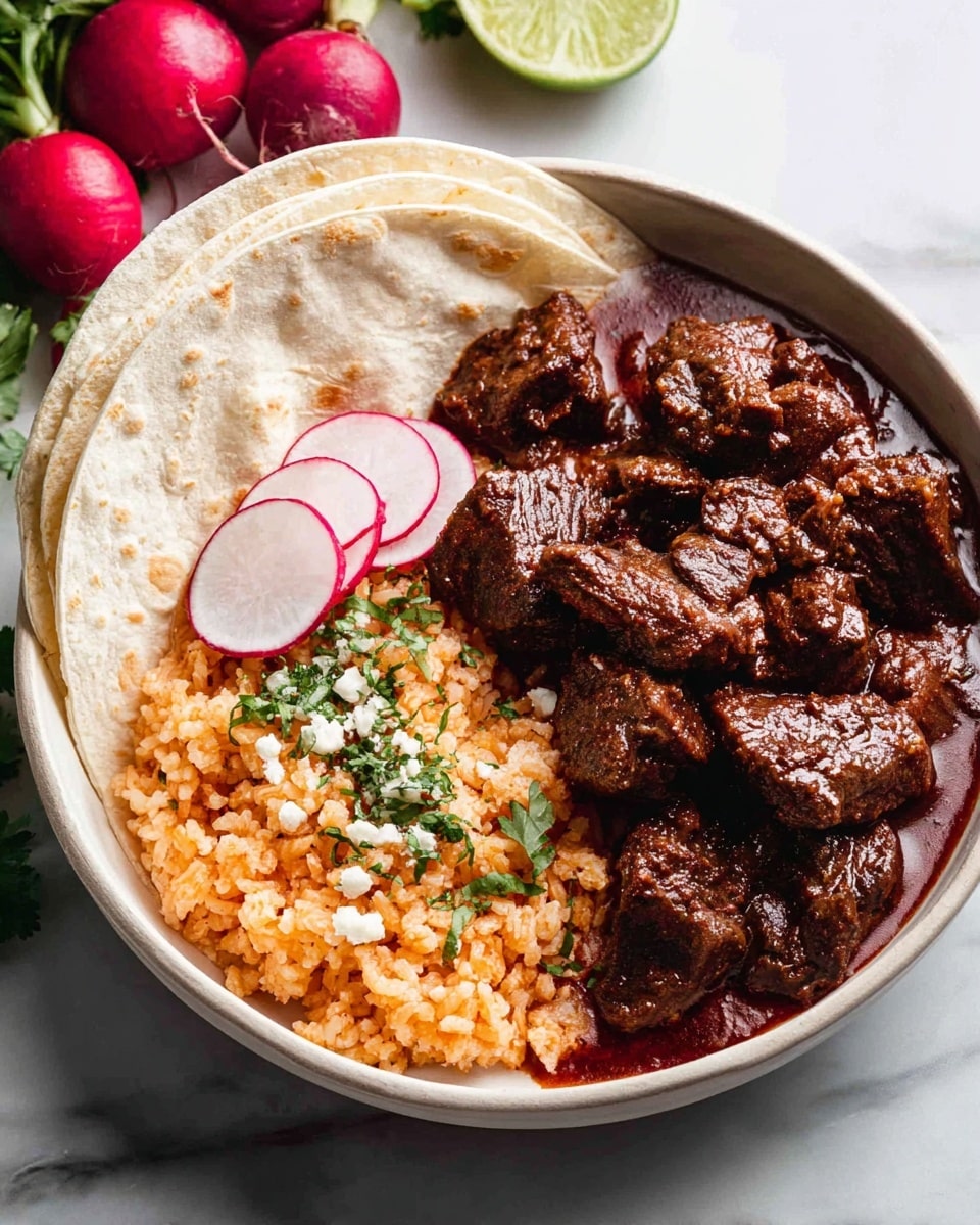 A metal pan filled with thick dark red sauce with many small pieces of brown cooked meat floating on top, the sauce looks rich and smooth. A wooden spatula is resting in the pan, partially covered in the sauce, showing the texture of the sauce as slightly thick and shiny. In the top right, there are three small red radishes with leaves, sitting on a white marbled surface. photo taken with an iphone --ar 4:5 --v 7