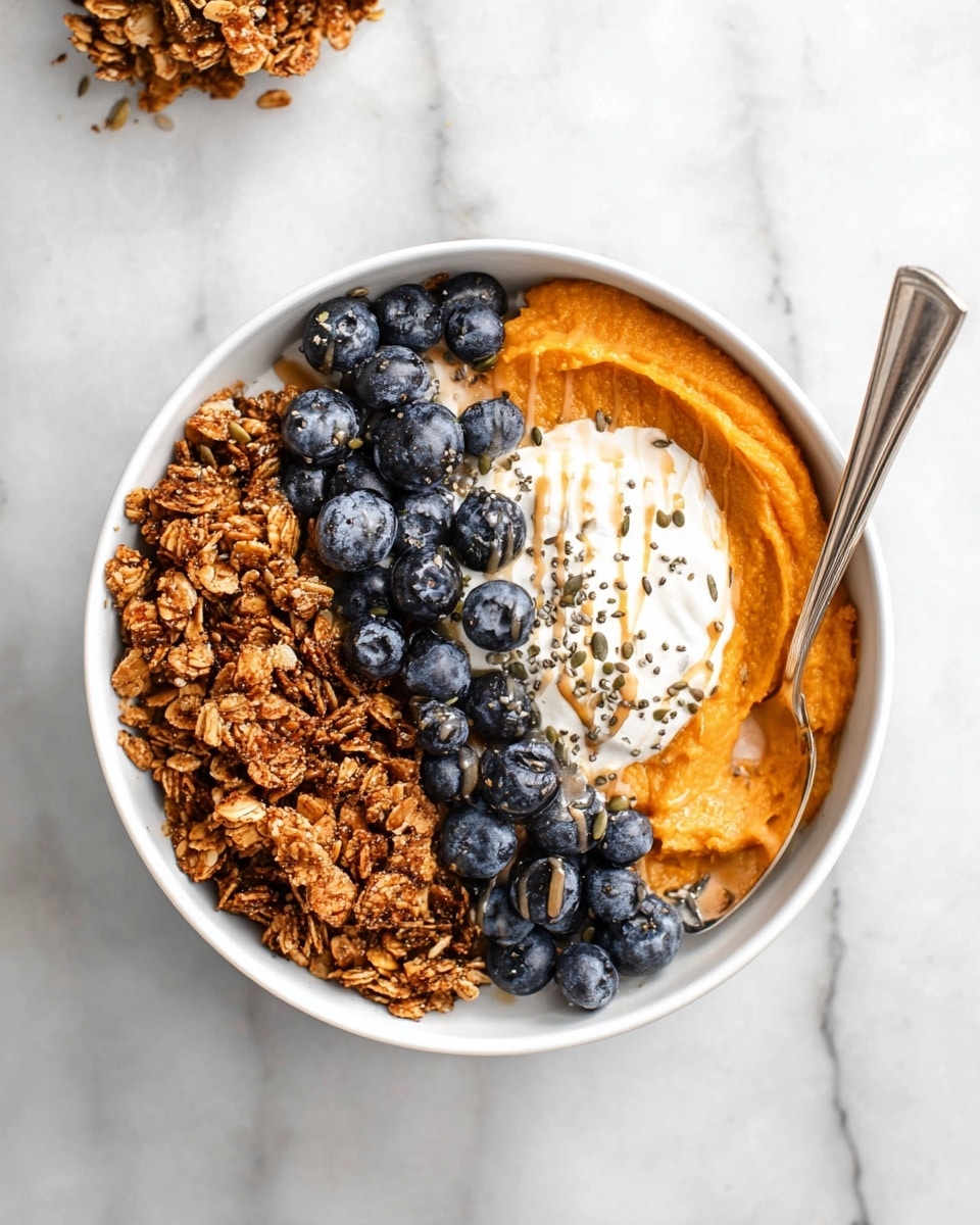 Two white bowls sit on a white marbled surface; each bowl contains three main layers arranged side by side. The first layer is a smooth orange puree, the second is a cluster of dark brown granola with nut pieces, and the third is a pile of fresh, round blueberries in deep blue. On top of the puree in each bowl rests a round dollop of white cream. A light brown sauce is drizzled over the cream, granola, and blueberries. Each bowl contains a shiny golden spoon placed on the right side, partially inside the bowl. Nearby are two small white bowls, one filled with blueberries and the other with granola. A white cloth with thin black stripes is positioned in the upper right corner. photo taken with an iphone --ar 4:5 --v 7