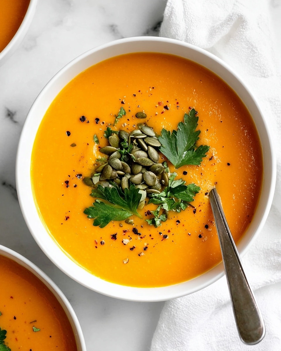 The image shows a smooth, bright orange soup served in a white bowl. The soup is decorated in the center with a small pile of green pumpkin seeds and fresh green parsley leaves, adding texture and color contrast. Around the garnish, tiny specks of black pepper are lightly scattered on the soup surface. A silver spoon rests inside the bowl on the right side, partially submerged in the soup. The bowl sits on a white marbled surface with a white cloth partially visible to the upper right. The photo taken with an iphone --ar 4:5 --v 7