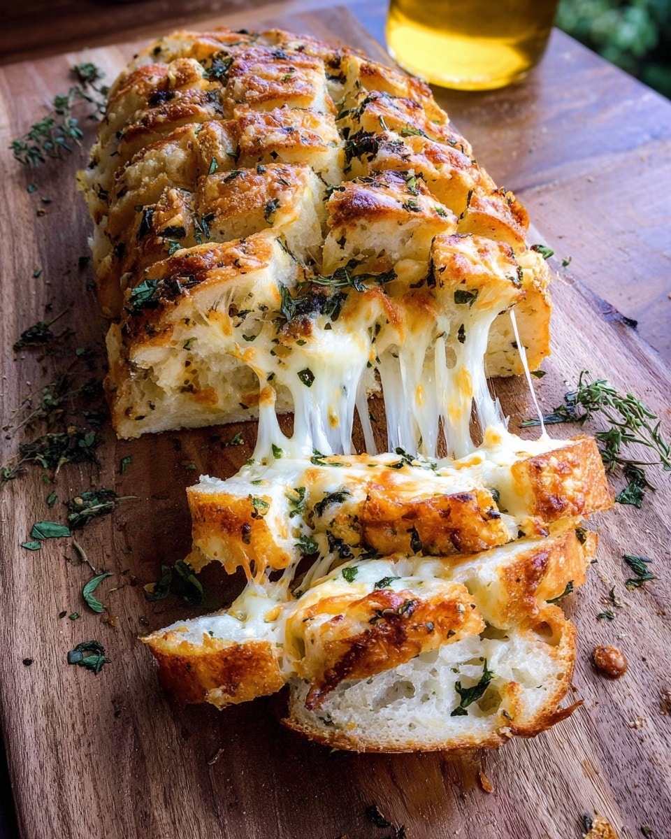 A round bread loaf with two layers filled with melted yellow and white cheese swirled together, topped with browned melted cheese and sprinkled with green herbs. The loaf is torn apart, showing stretchy melted cheese between the torn sections. Several slices are laid flat below the torn loaf, revealing the soft white bread and cheese layers inside. A glass with a light brown drink is close to the right side, all placed on a white marbled texture. photo taken with an iphone --ar 4:5 --v 7